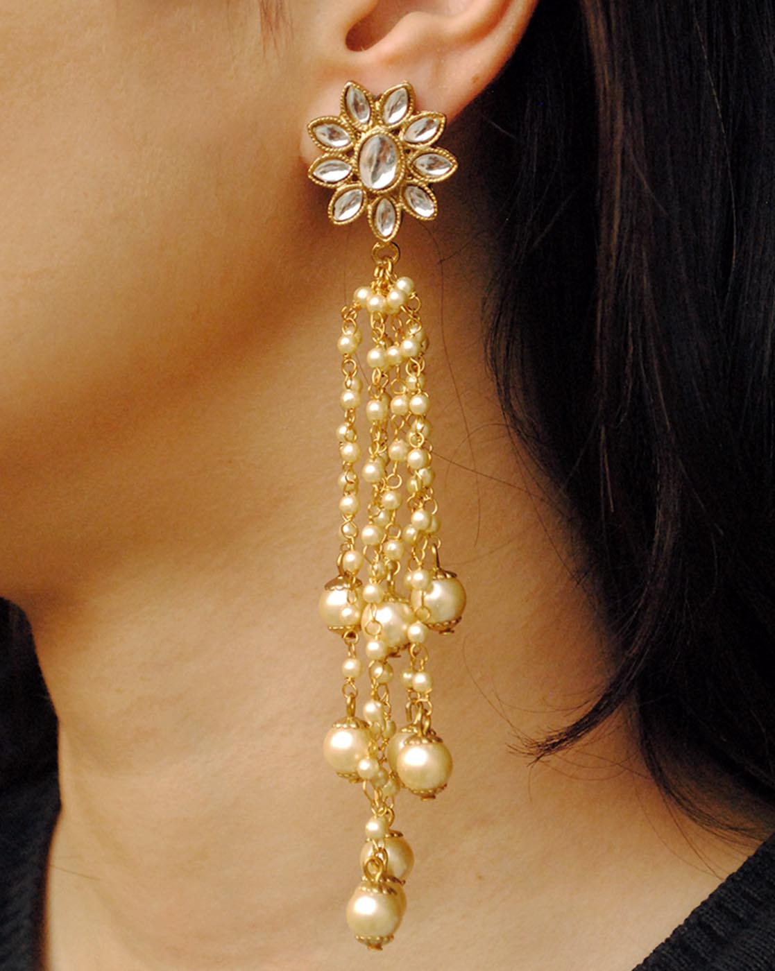 Kundan Stud Pearl Tassel Earrings