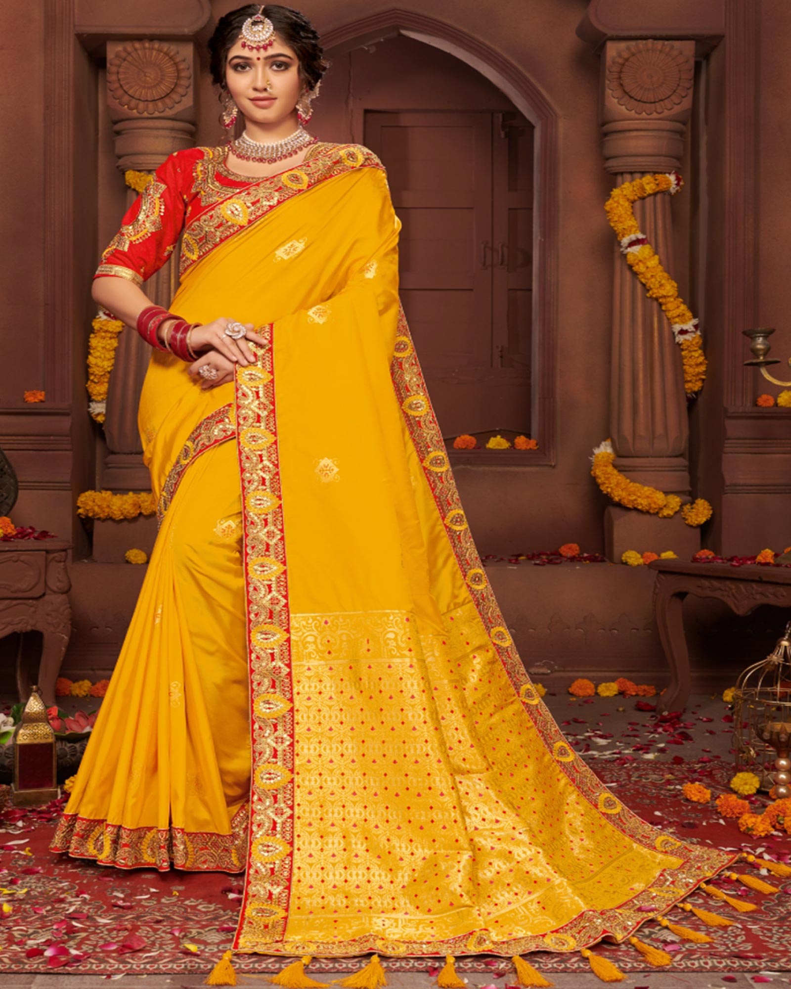 Beautiful Yellow Color Silk Embroidered Saree