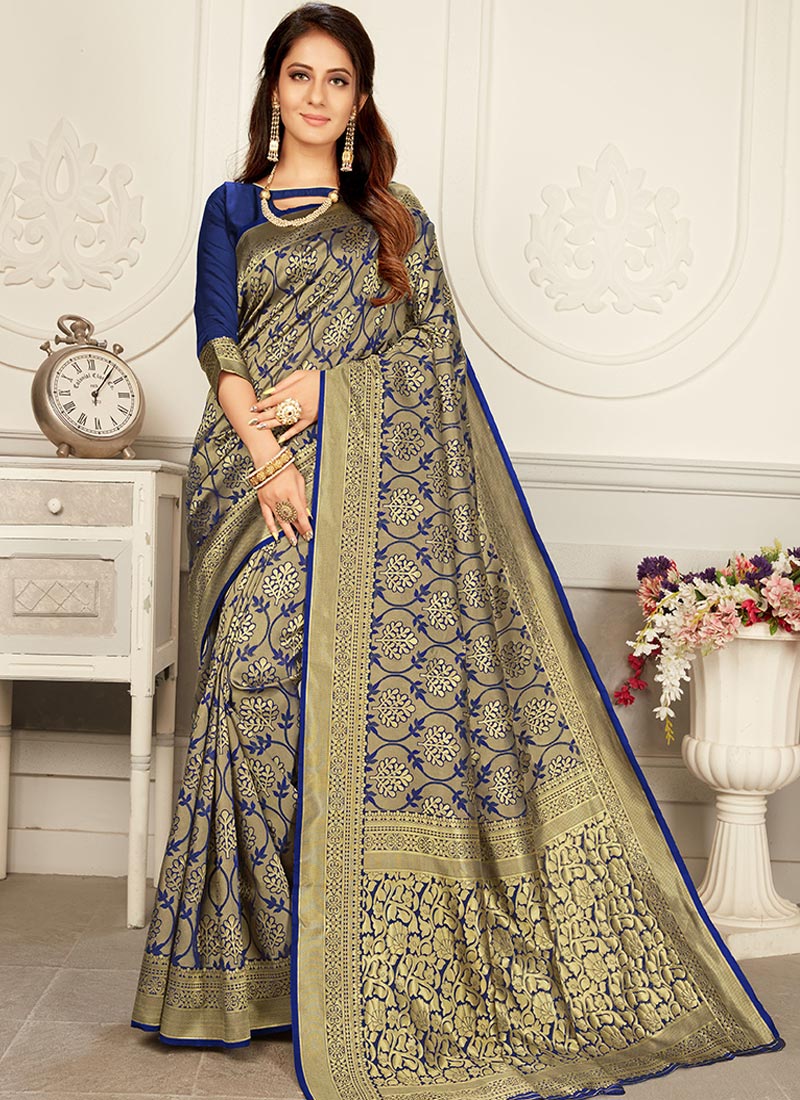Navy blue and Gold color Woven Silk Tradtional saree