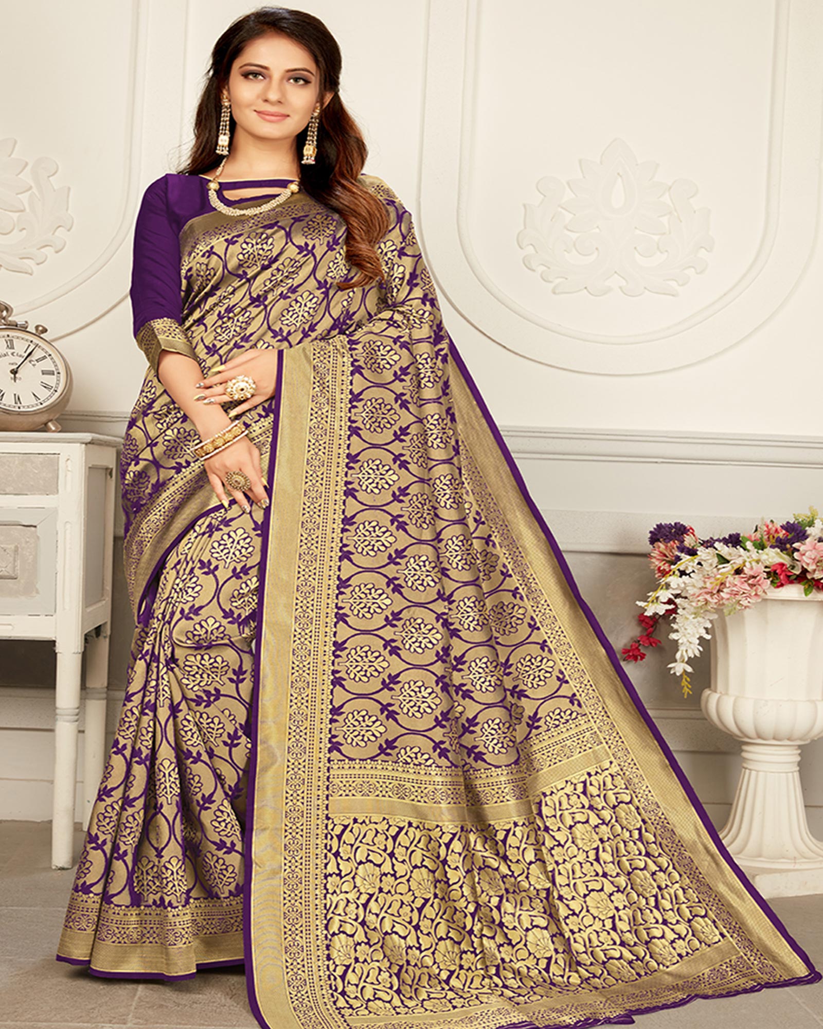 Purple and Gold color Woven Silk Tradtional saree
