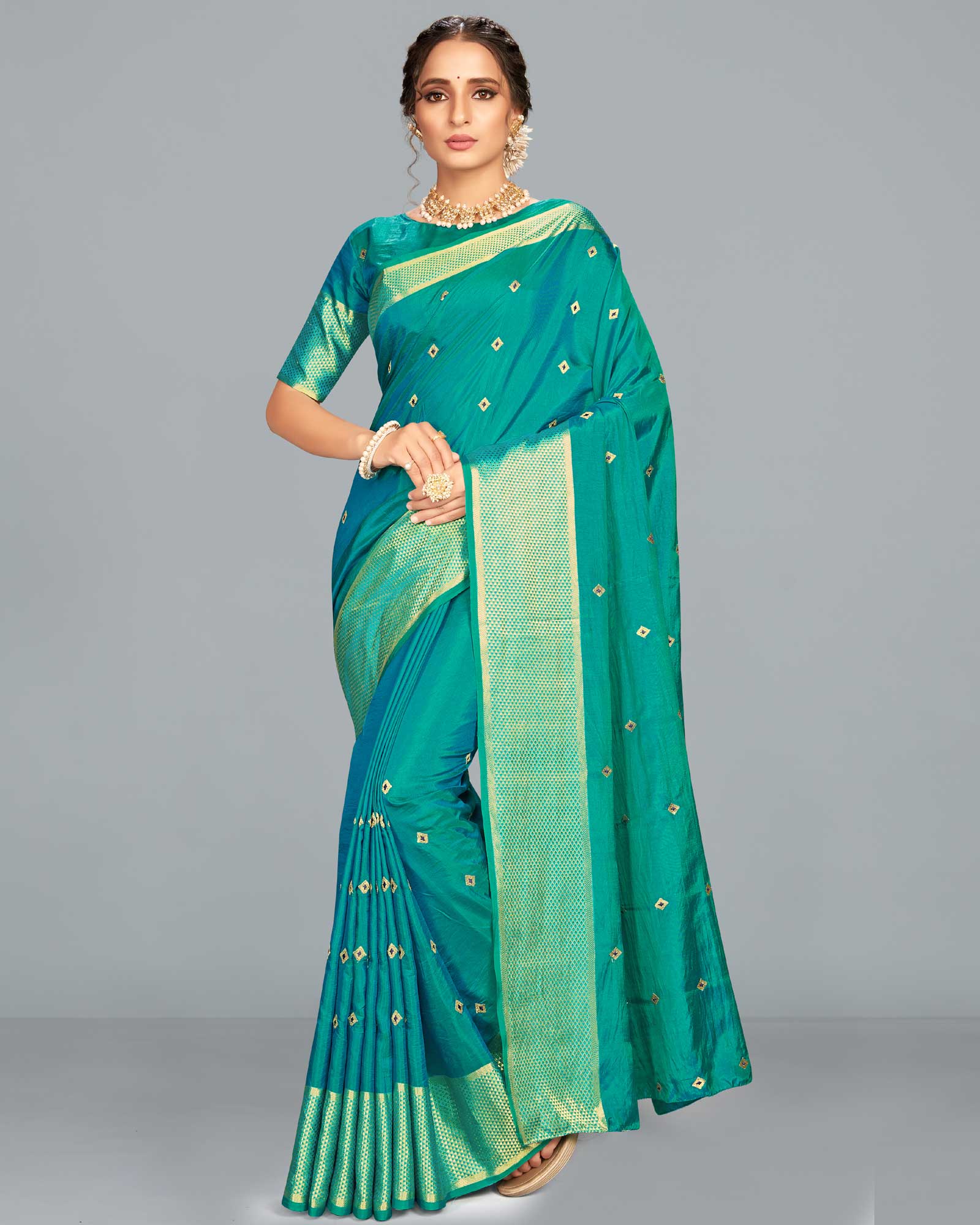 Teal color Sana Silk Embroidered Saree with blouse
