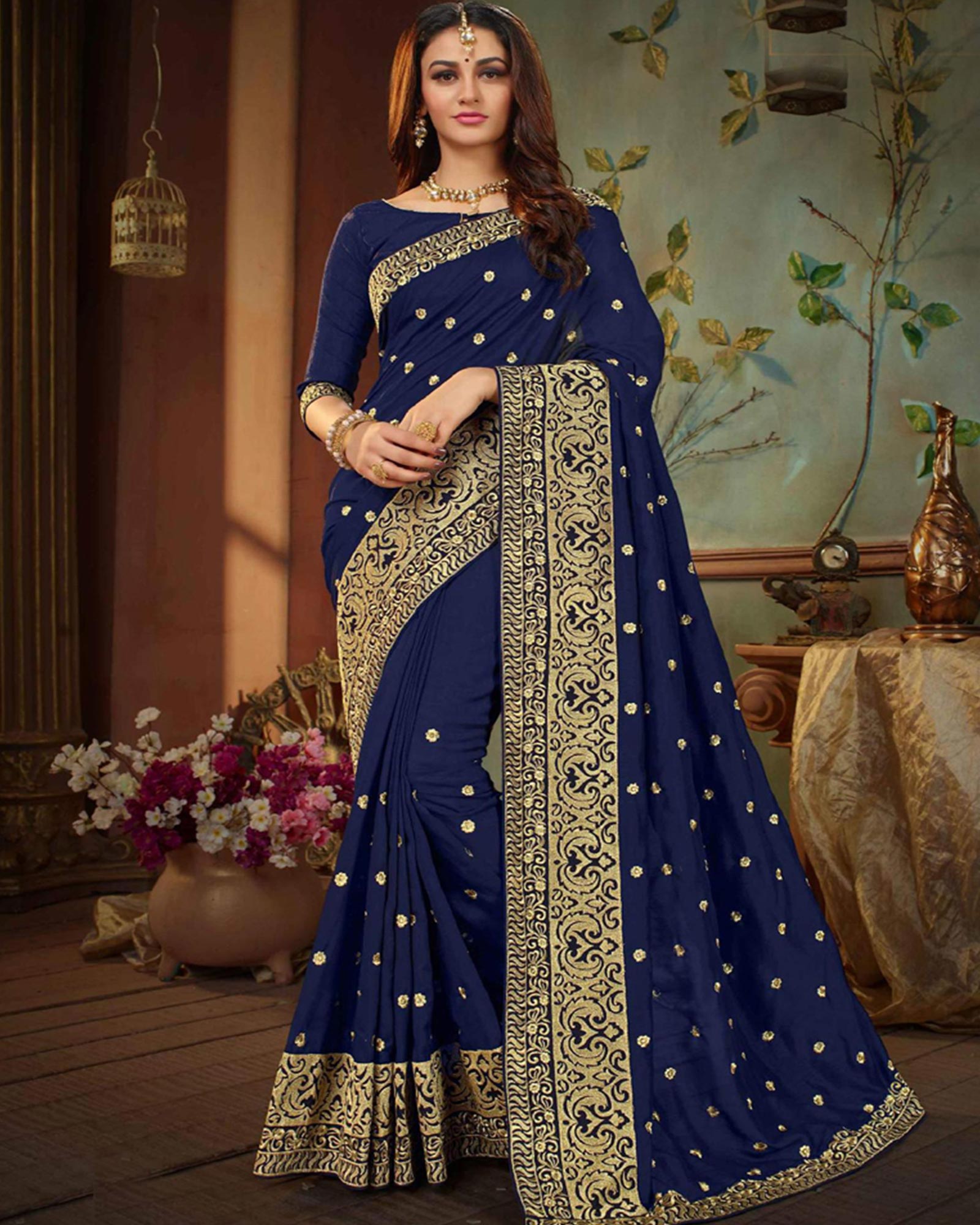 Navy Blue Embroidered Silk Designer Saree 