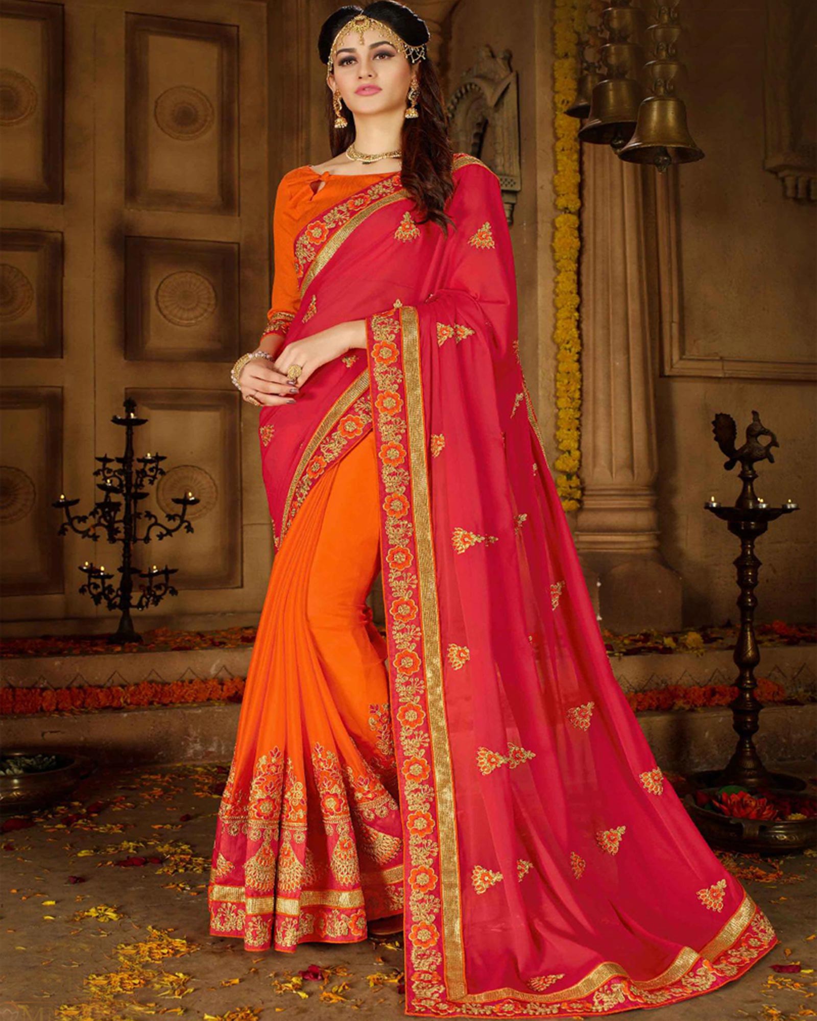 Red And Orange Embroidered Rangoli Georgette Designer Saree