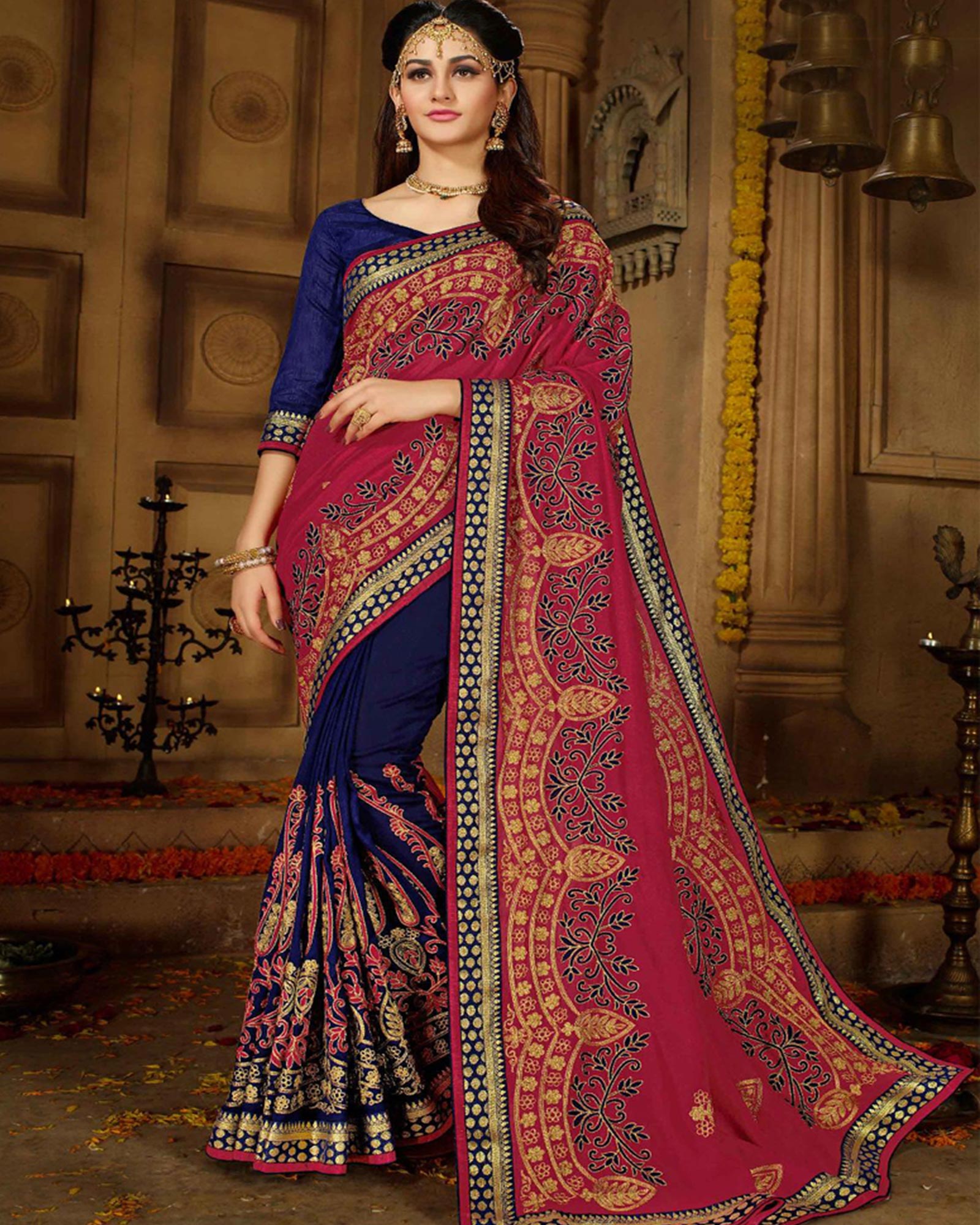 Crimson And Navy Blue Embroidered Silk Designer Saree
