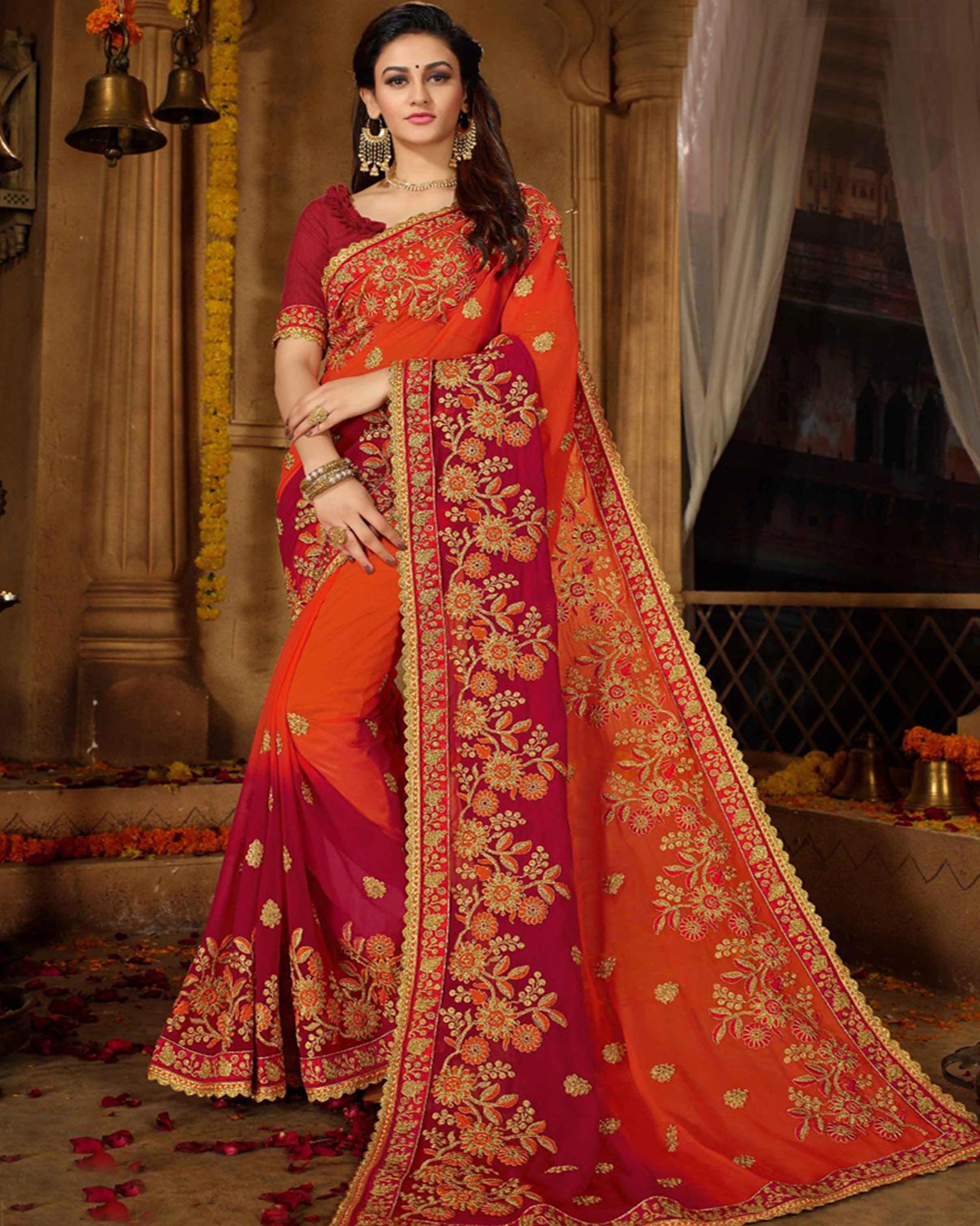 Orange And Maroon Embroidered Rangoli Georgette Designer Saree 