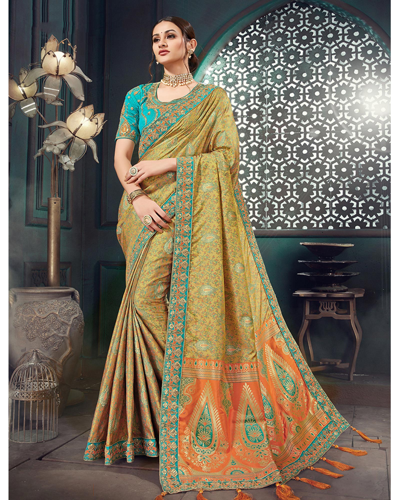 Mustard Color Jacquard Embroidered Bhagalpuri Silk Saree
