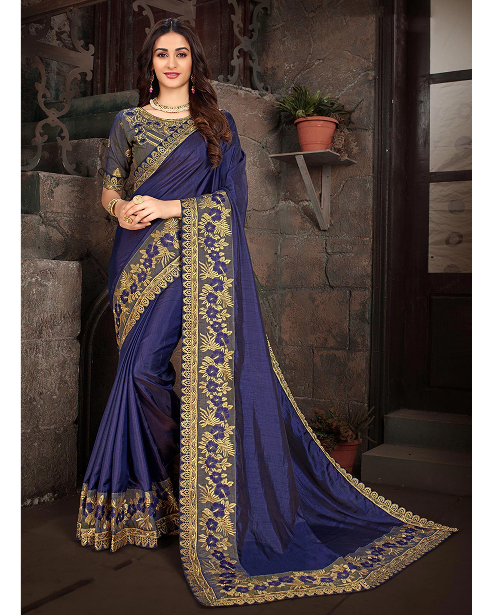 Royal Blue Embroidered Work Art Silk Saree 