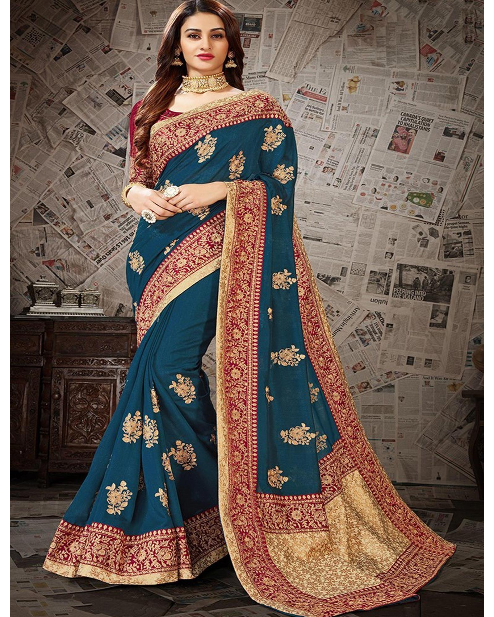 Teal blue Art Silk Embroidered Art Silk Saree