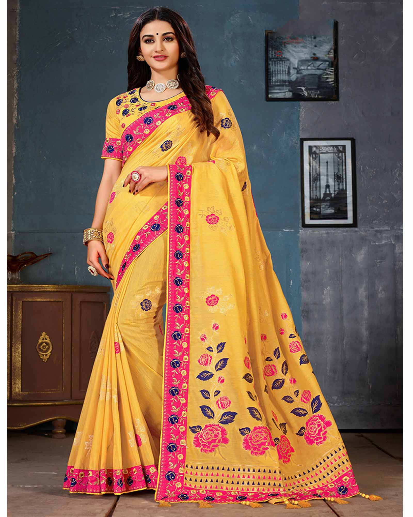 Yellow Party Cotton Linen Designer Saree