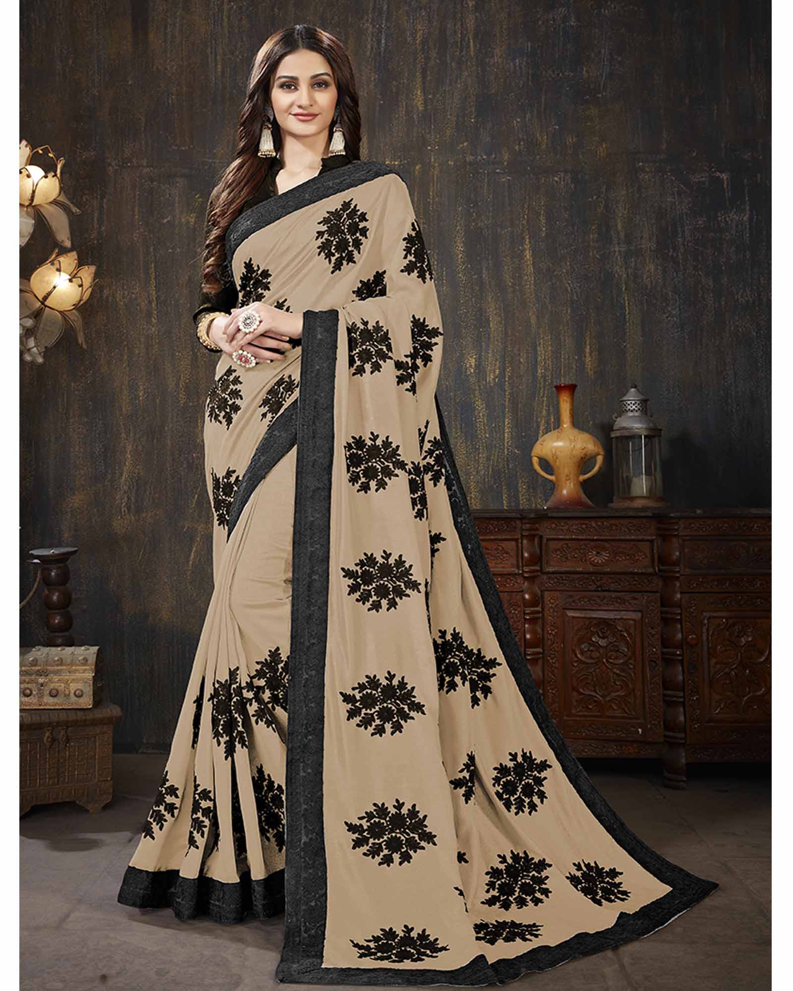 Beige Color Georgette Embroidered Festival Wear Saree