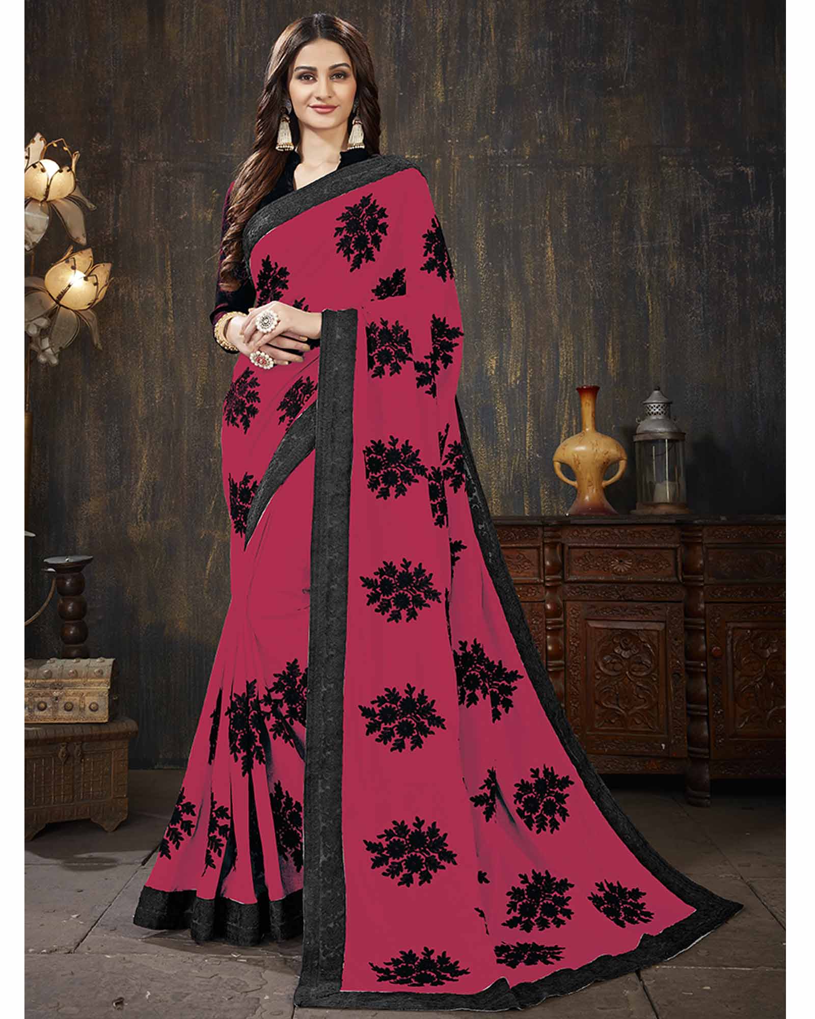 Rani Pink Color Georgette Embroidered Festival Wear Saree