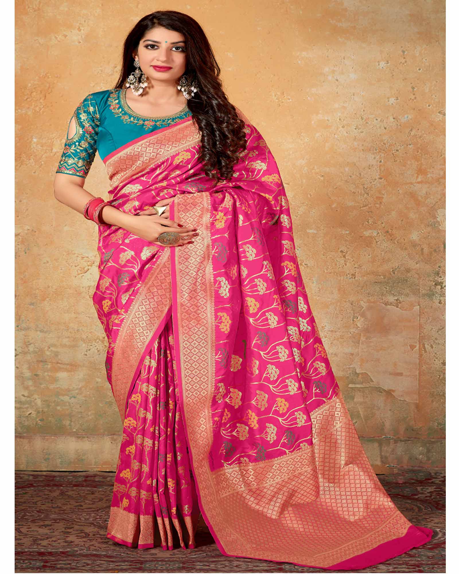 Rani Pink Color Woven Saree With Embroidered Blouse