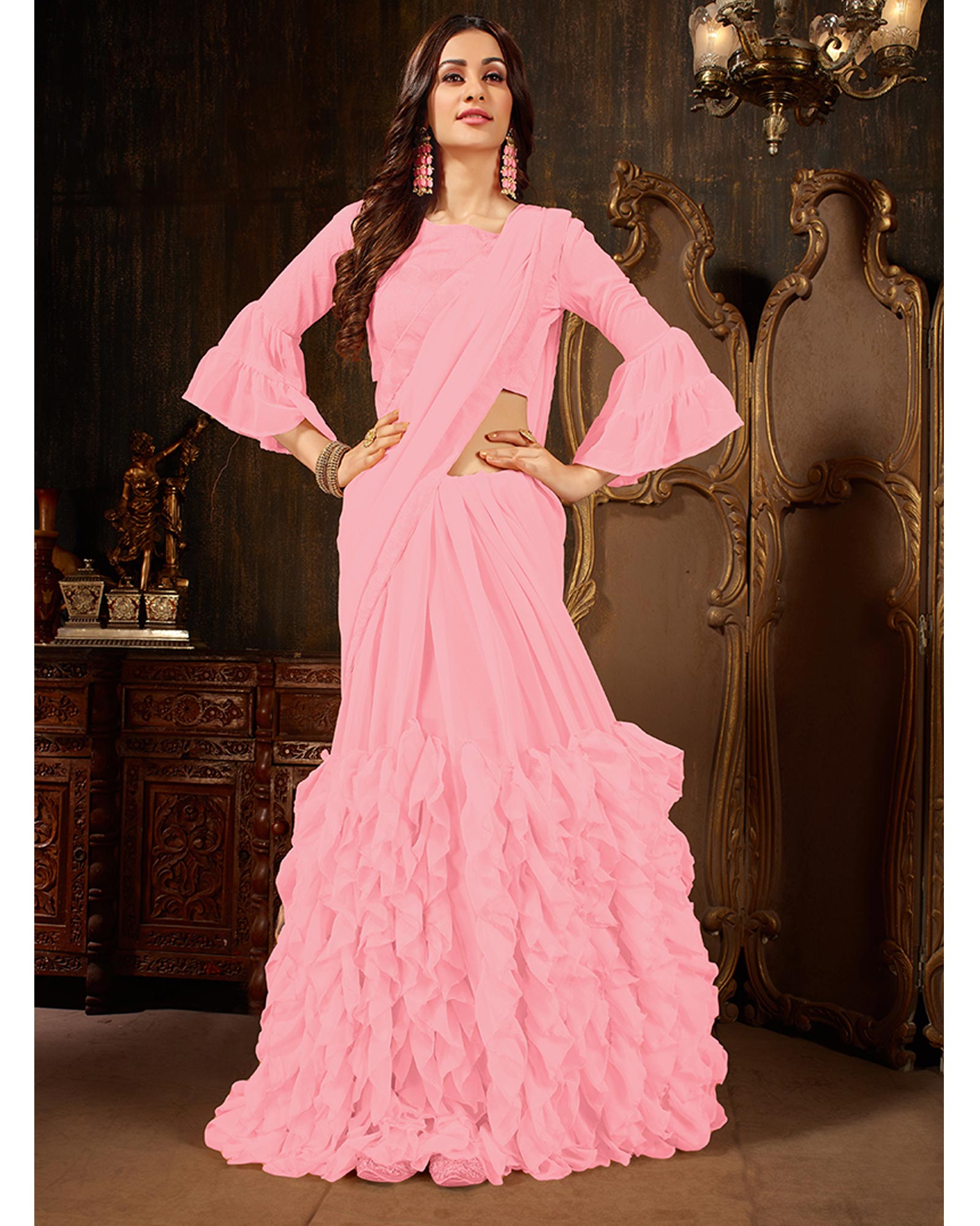 Pink Color Georgette Ruffled Saree With Blouse