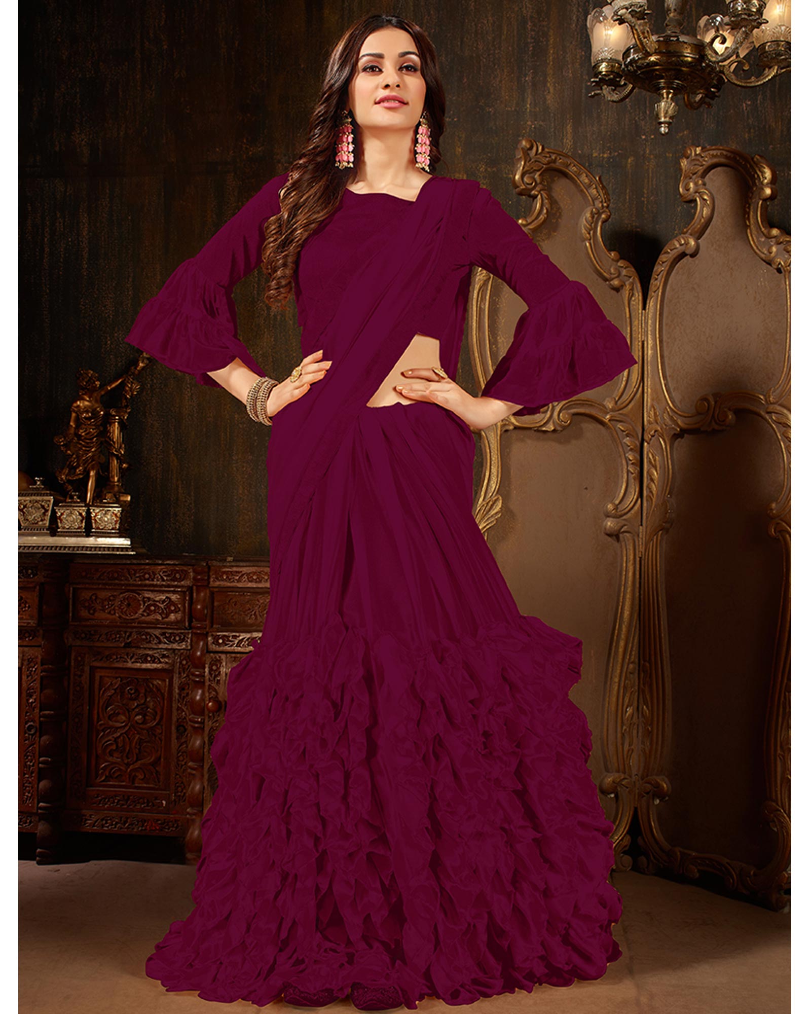 Dark Magenta Color Georgette Ruffled Saree With Blouse