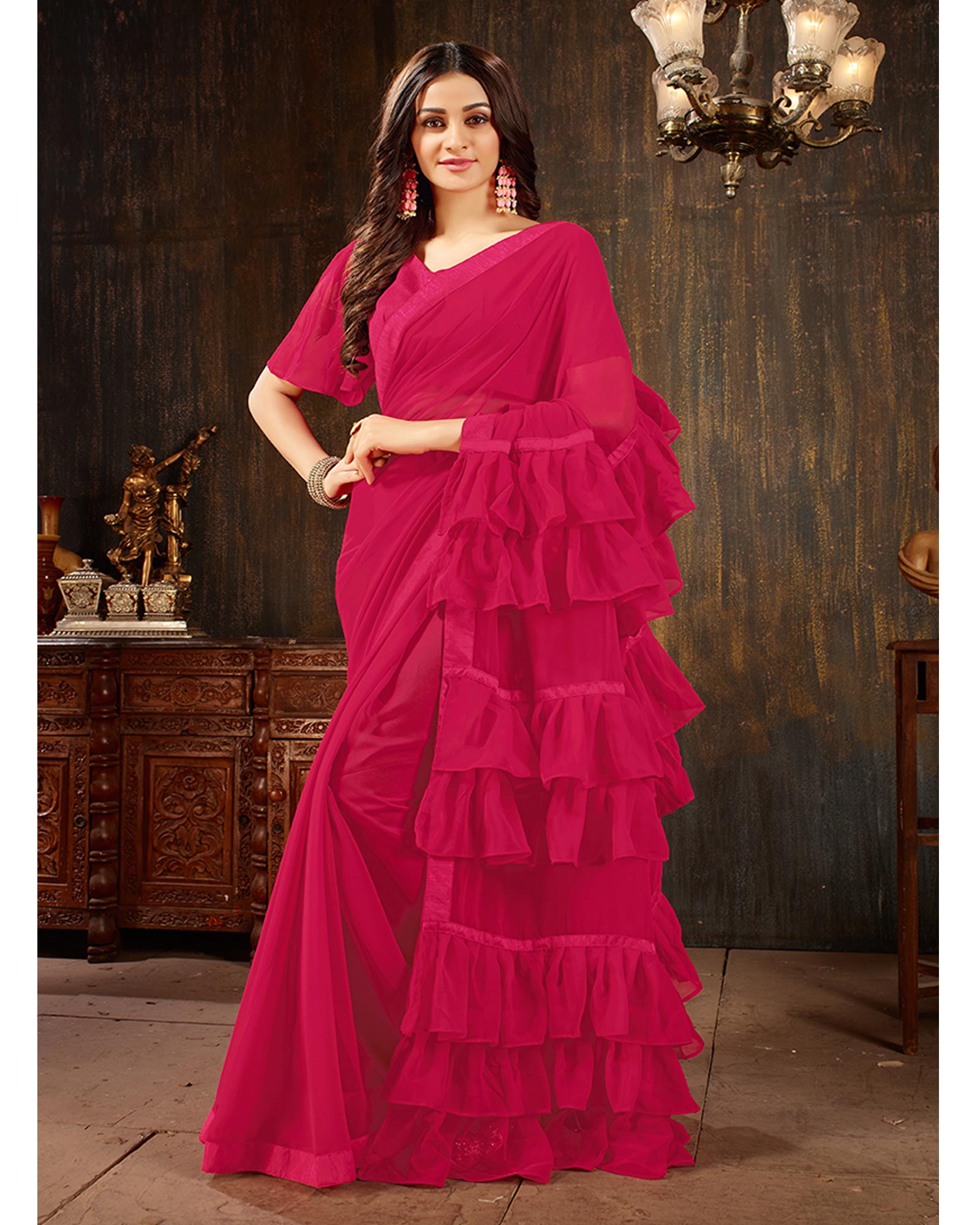 Rani pink Color Georgette Ruffled Trendy Saree With Blouse