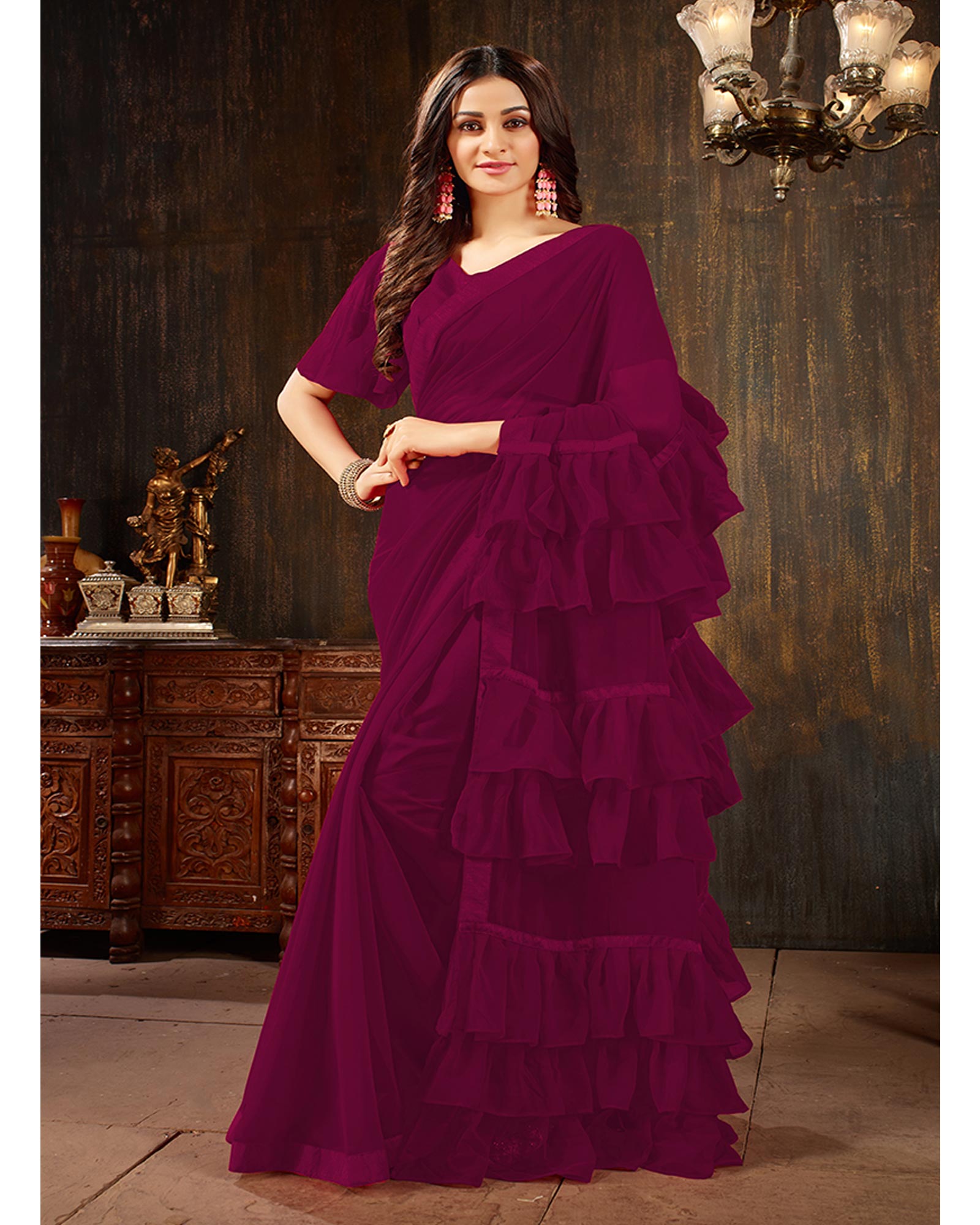 Dark Magenta Color Georgette Ruffled Trendy Saree With Blouse