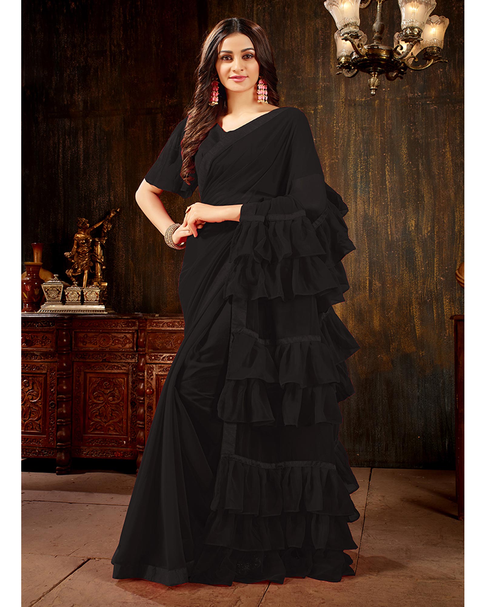Black Color Georgette Ruffled Trendy Saree With Blouse