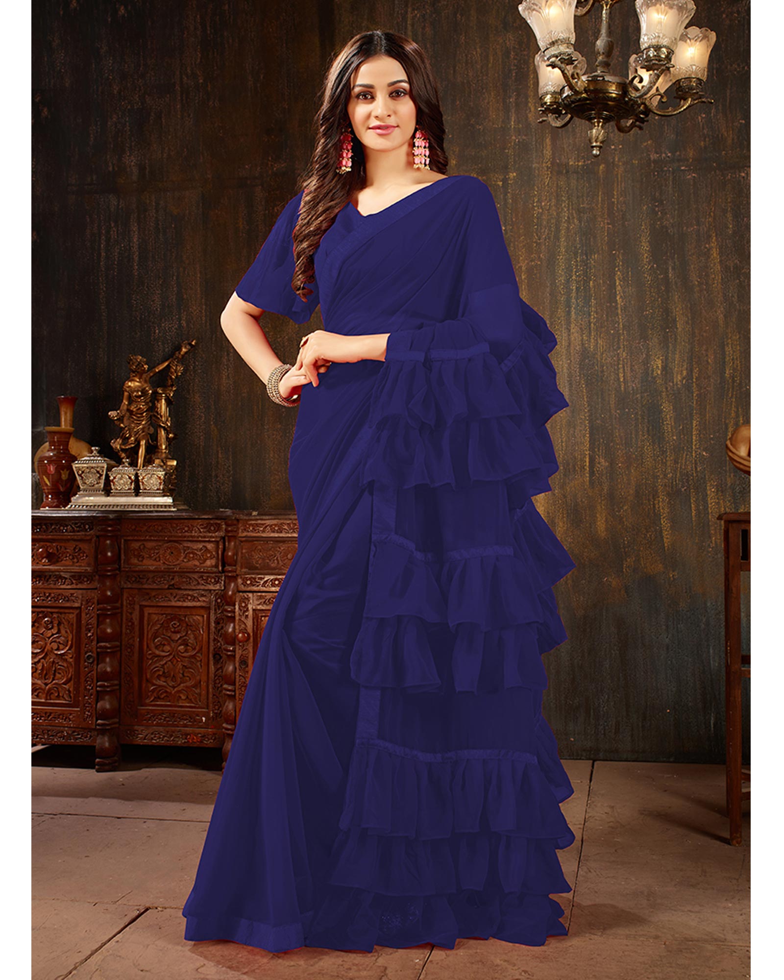 Dark Blue Color Georgette Ruffled Trendy Saree With Blouse