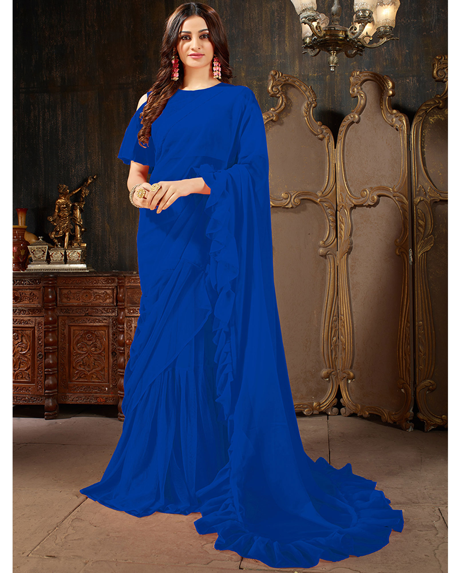 Blue Color Georgette Party Wear Ruffles Saree