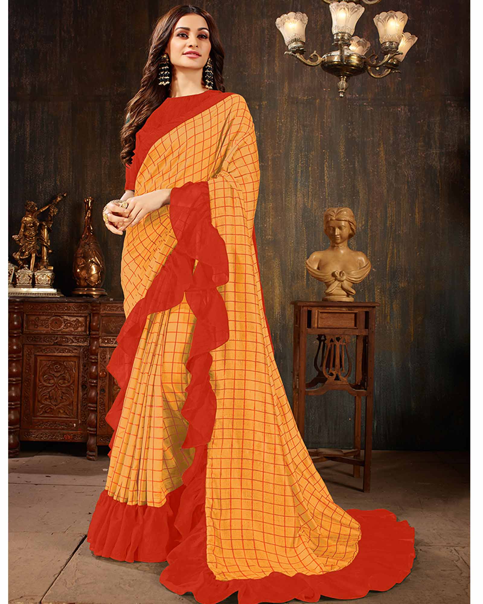 Orange Color Georgette Party Wear Ruffles Saree