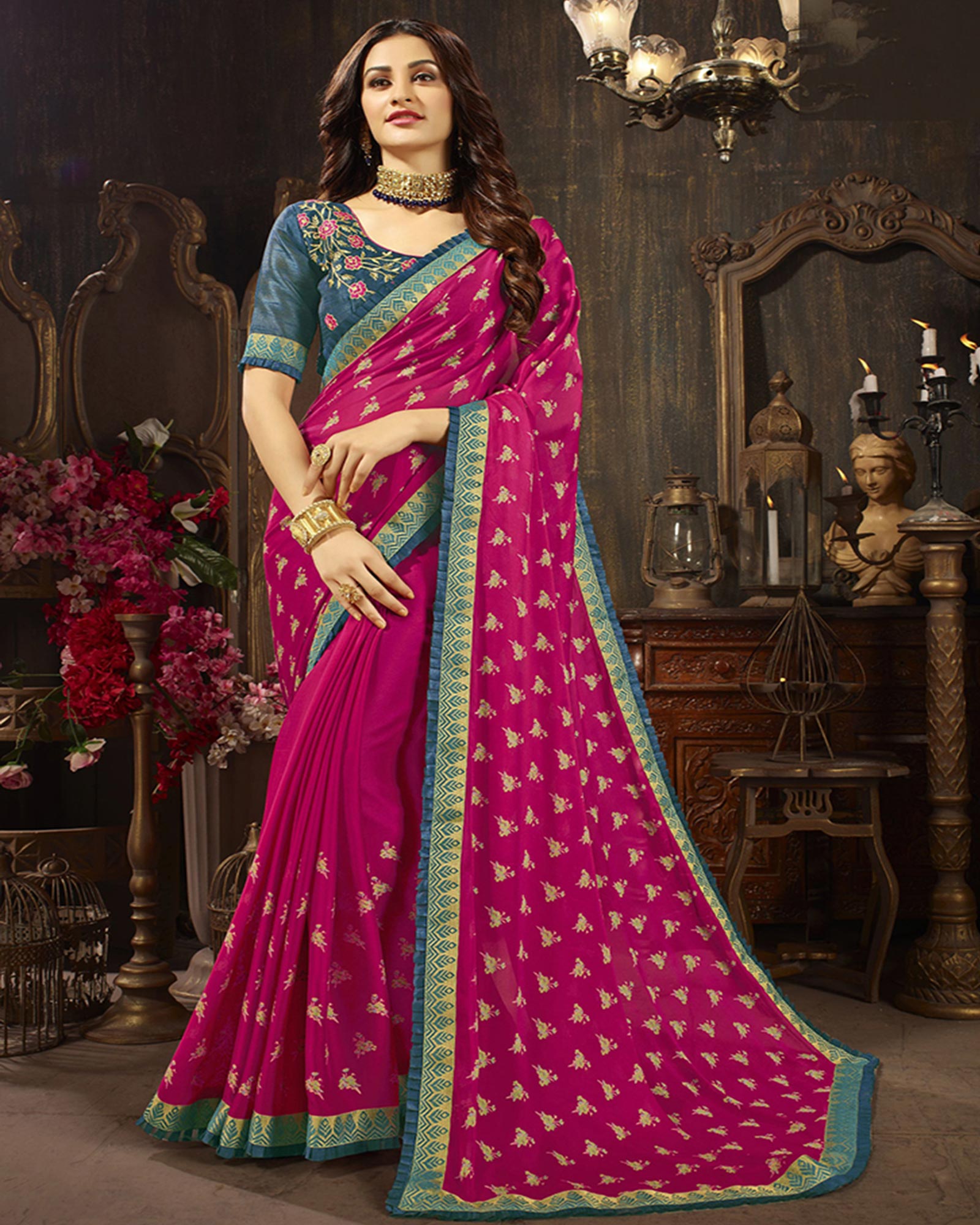 Pink Colored Print Silk Georgette Festival Saree