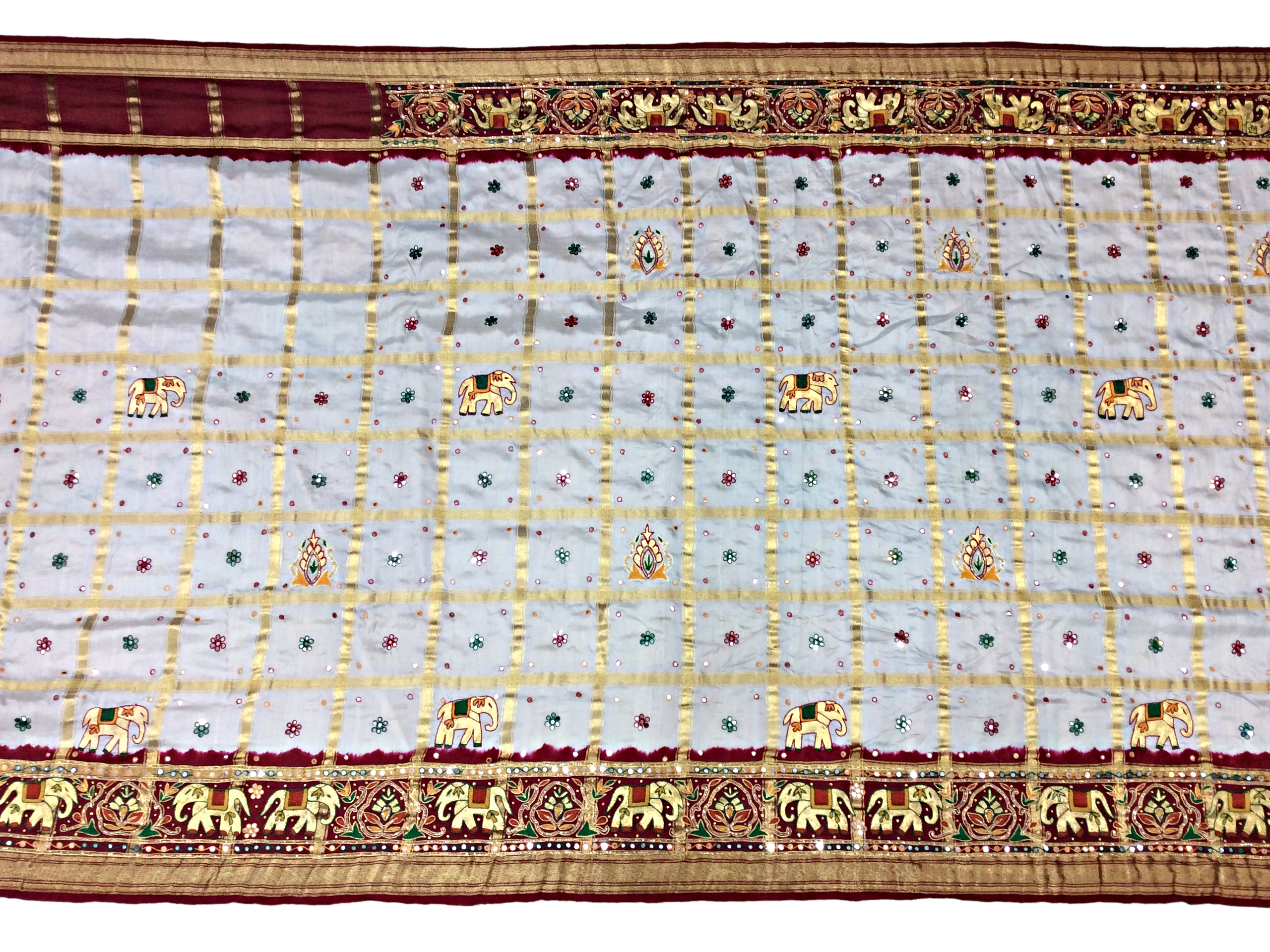 White and Maroon Color Checks Design Work Gaji Silk Panetar Saree