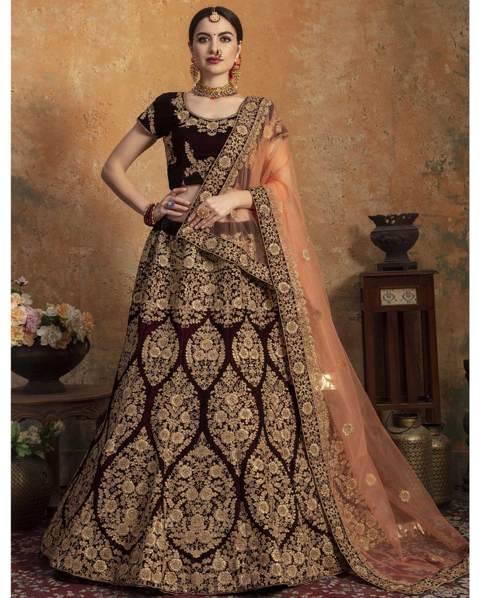 Maroon Embroidered Velvet Bridal Lehenga Choli