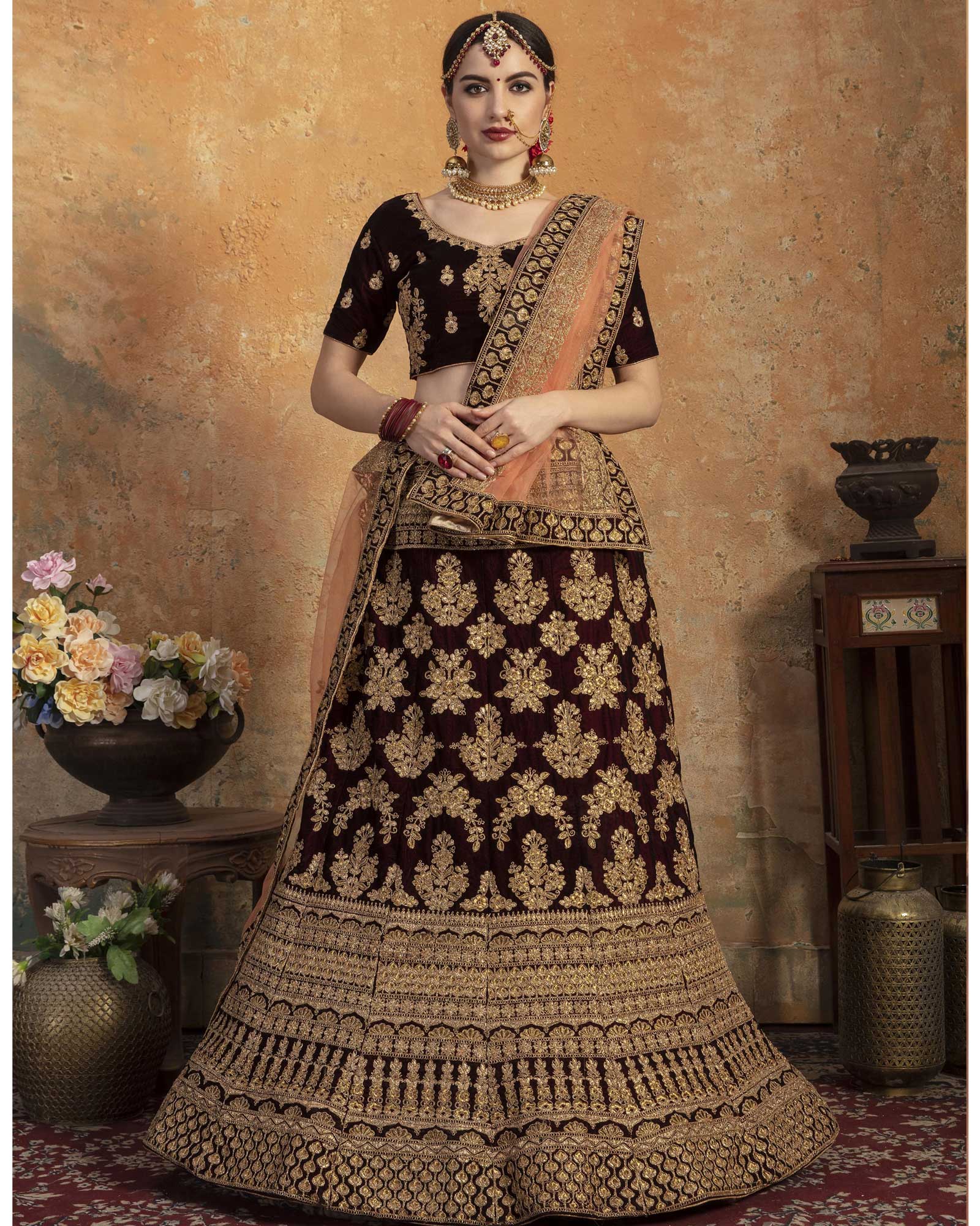 Maroon Velvet Bridal Lehenga Choli