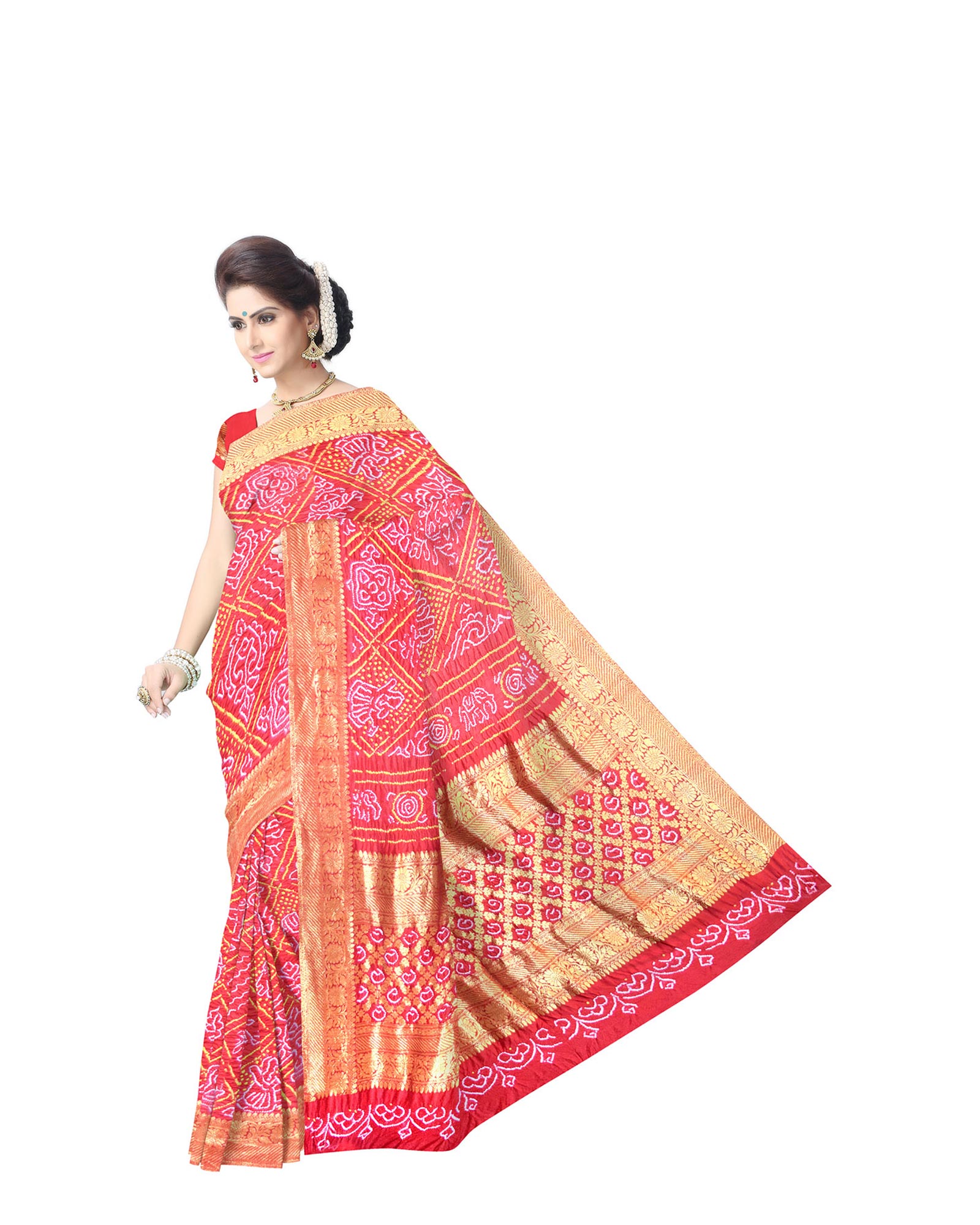 Red Color Dupion Silk Bandhani Saree