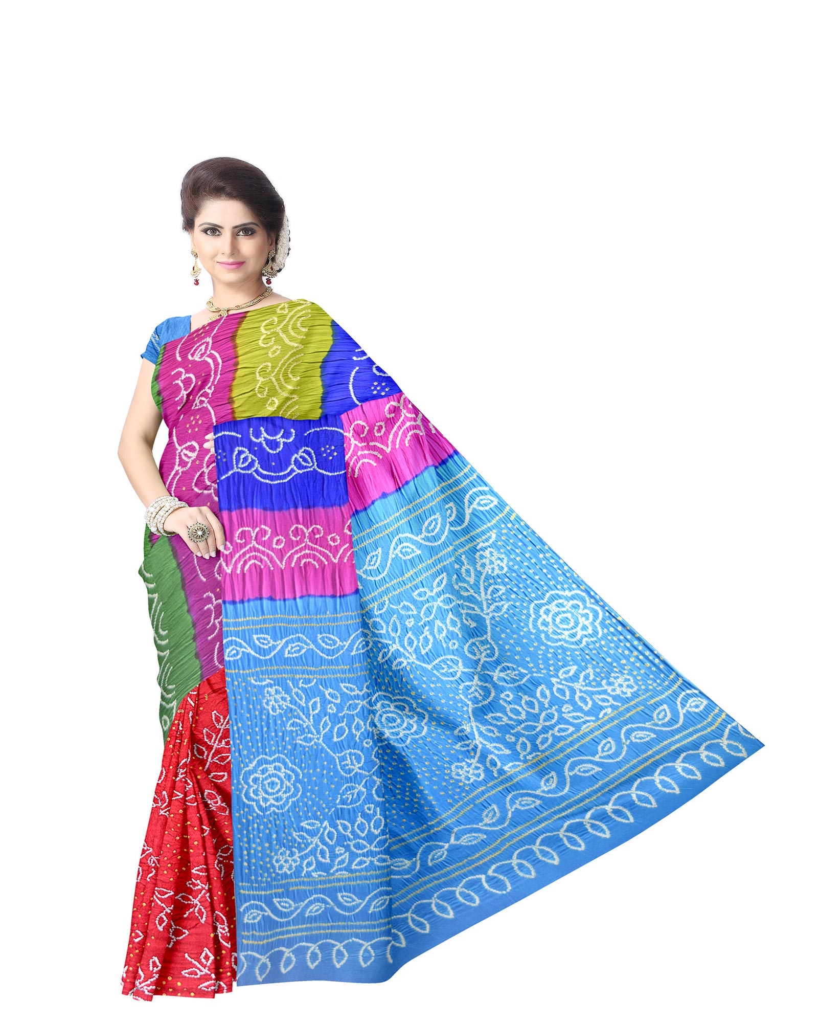 Red Multi Color Gaji Silk Bandhani Saree