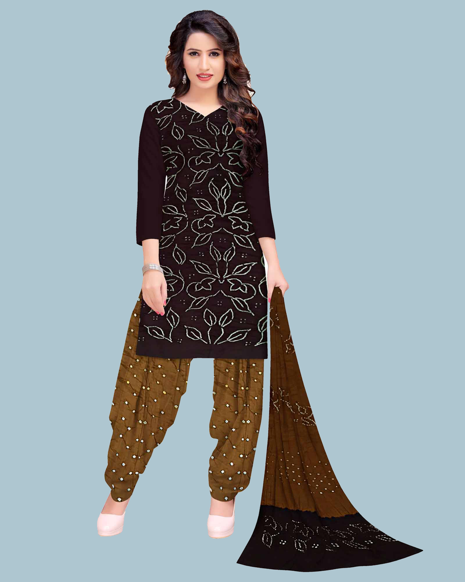 Brown And Chicku Cotton Satin Fancy Bandhani Dress Material