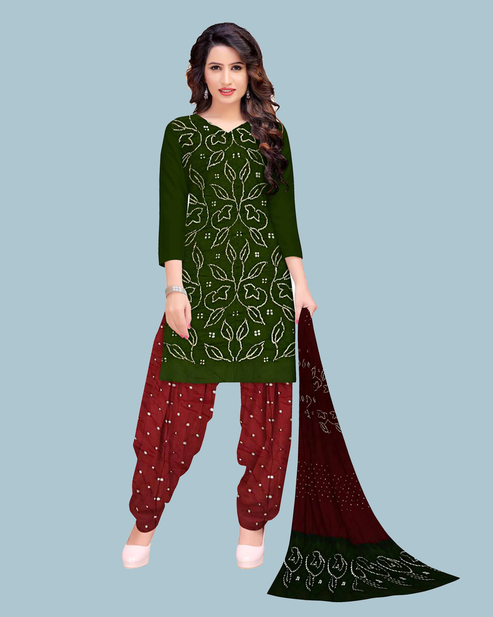 Dark Green And Maroon Cotton Satin Fancy Bandhani Dress Material