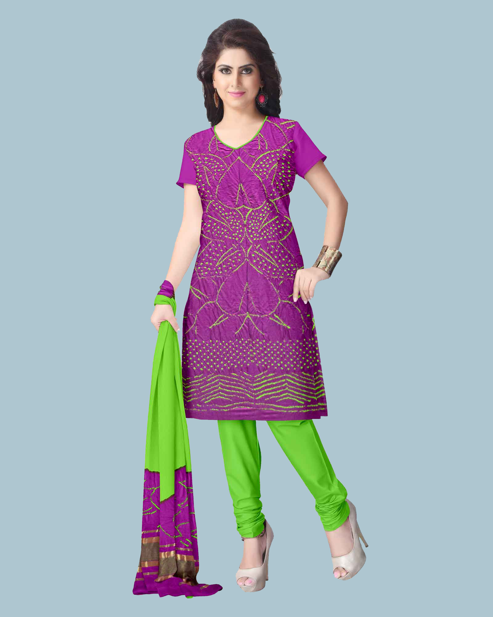 Magenta And Parrot Green Gaji Silk Fancy Design Dress Material