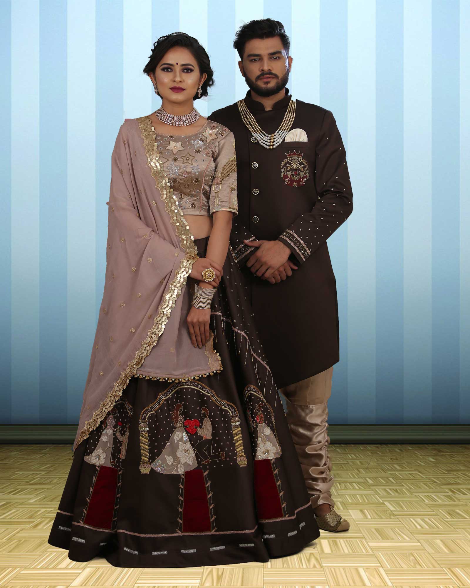 Couple Wear Brown Sequence Work Indowestern And Lehenga Choli Set - AB358
