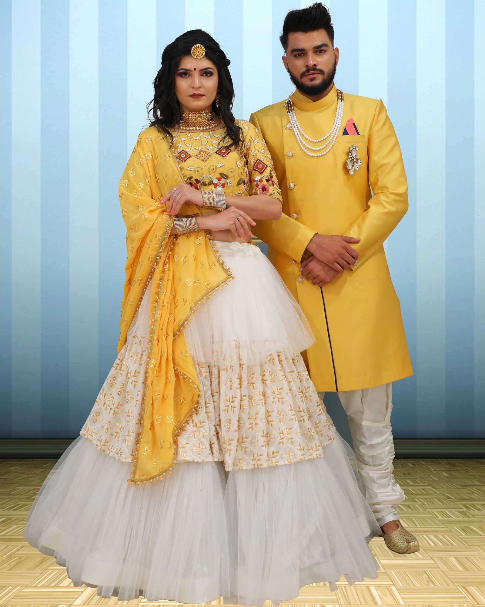 Couple Wear Yellow Pearl Beaded Indowestern And Lehenga Choli Set - AB318