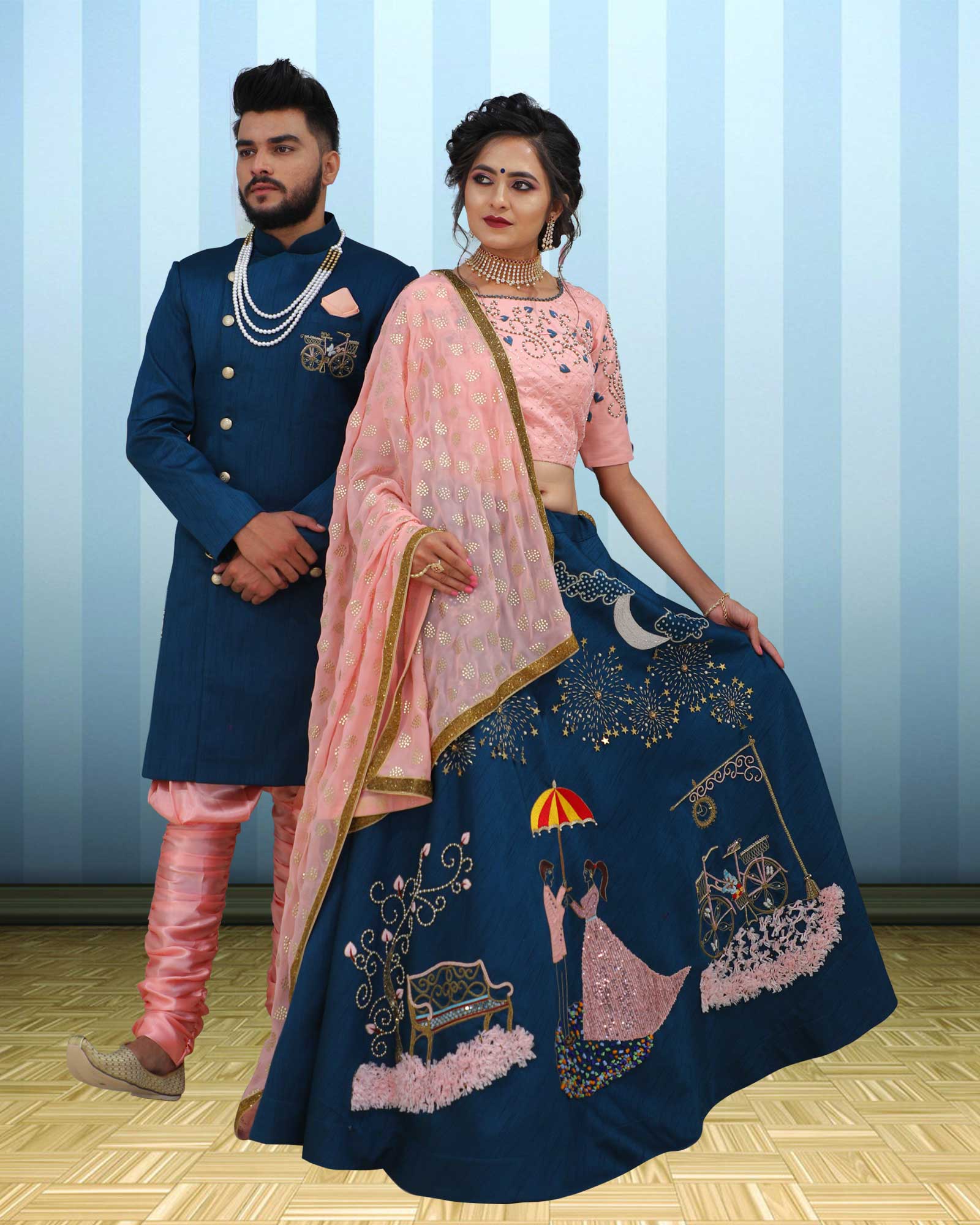Couple Wear Blue Zari Work Indowestern And Lehenga Choli Set - AB332