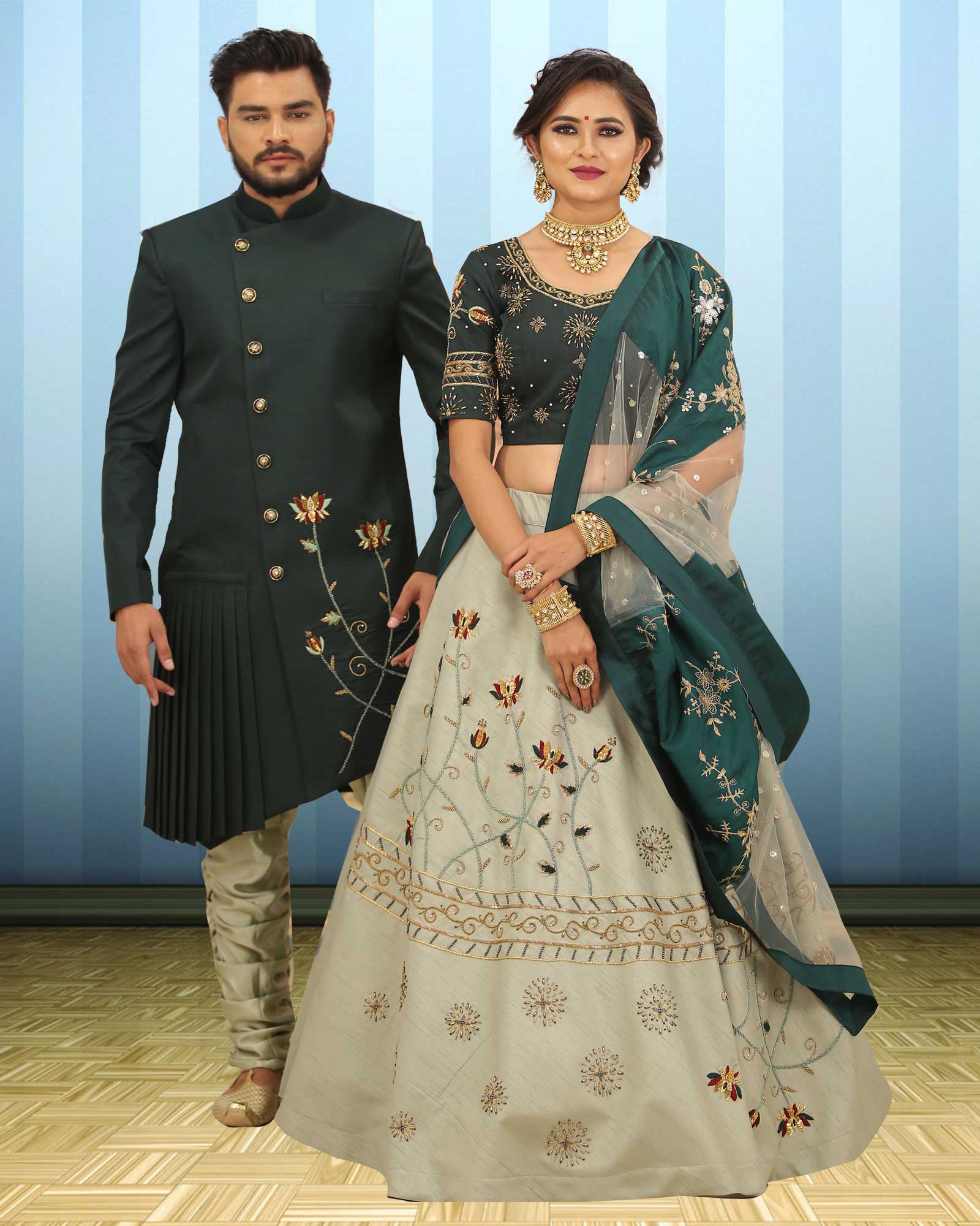 Couple Wear Green Floral Pattern Indowestern And Lehenga Choli Set - AB365