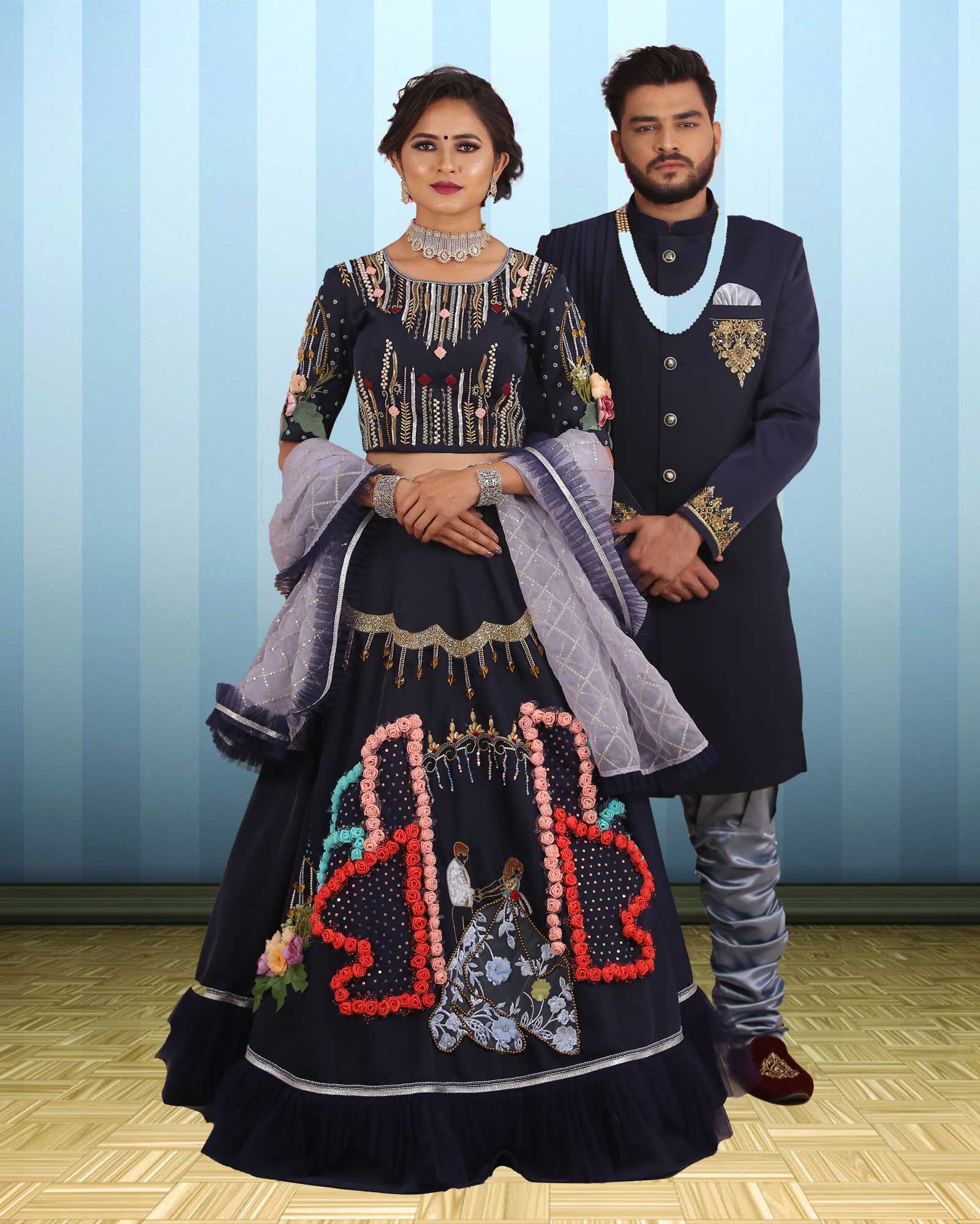 Couple Wear Navy Blue Designer Indowestern And Lehenga Choli Set - AB368
