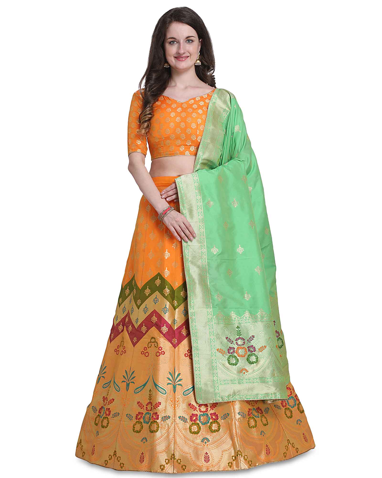 Orange Semi Stitched Zari Woven Lehenga And Choli With Dupatta