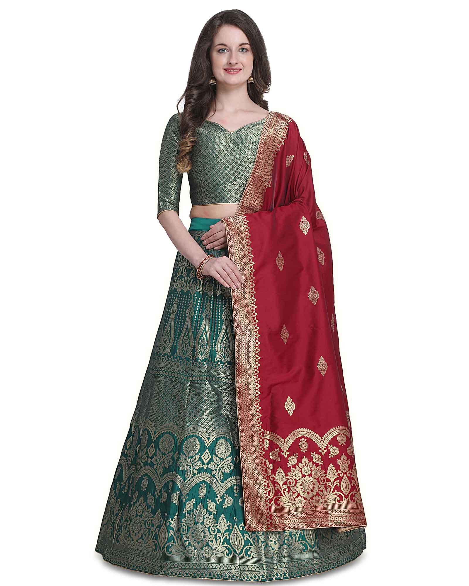 Green Semi Stitched Zari Woven Lehenga And Choli With Dupatta