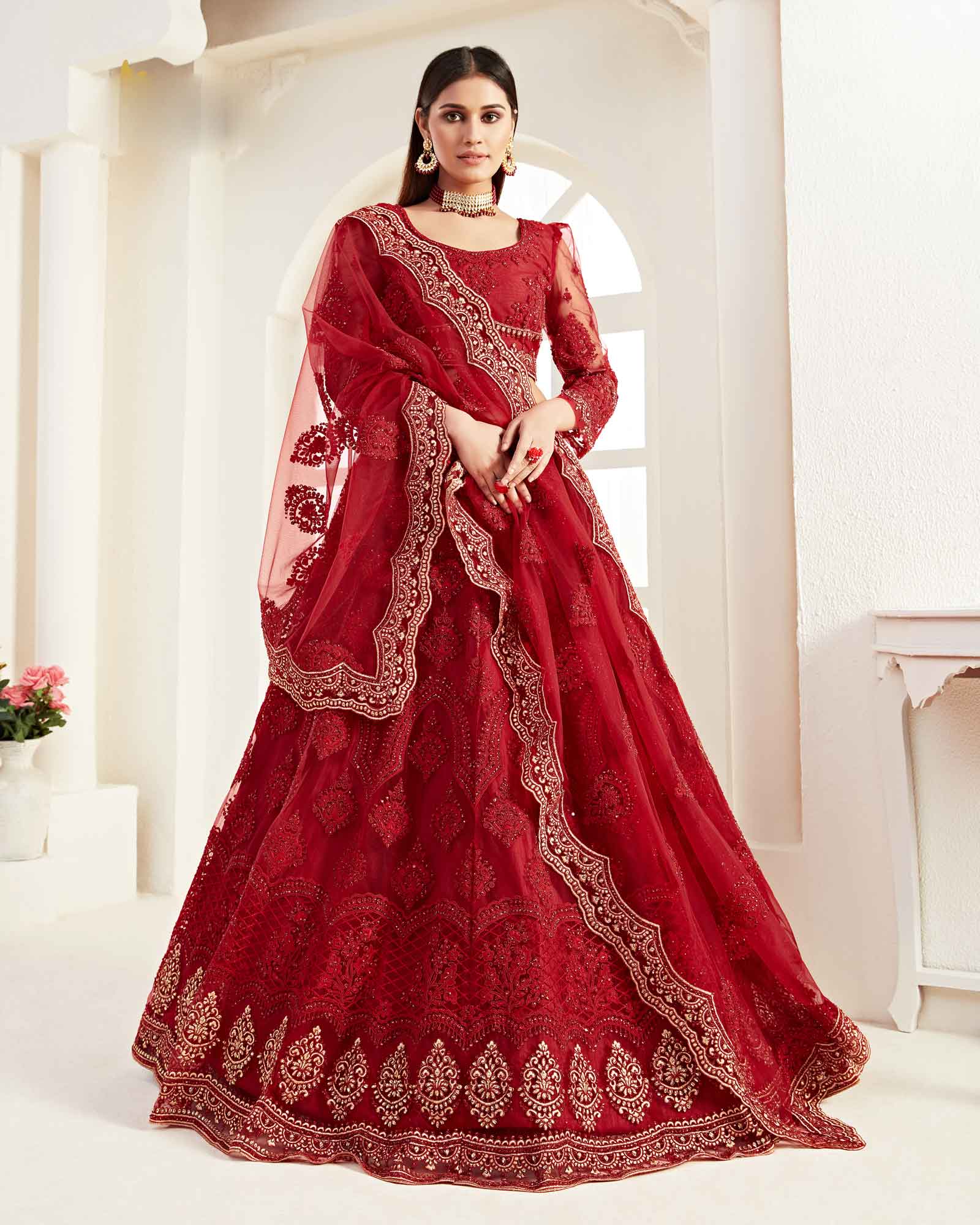 Red Semi Stitched Wedding Lehenga And Choli With Dupatta