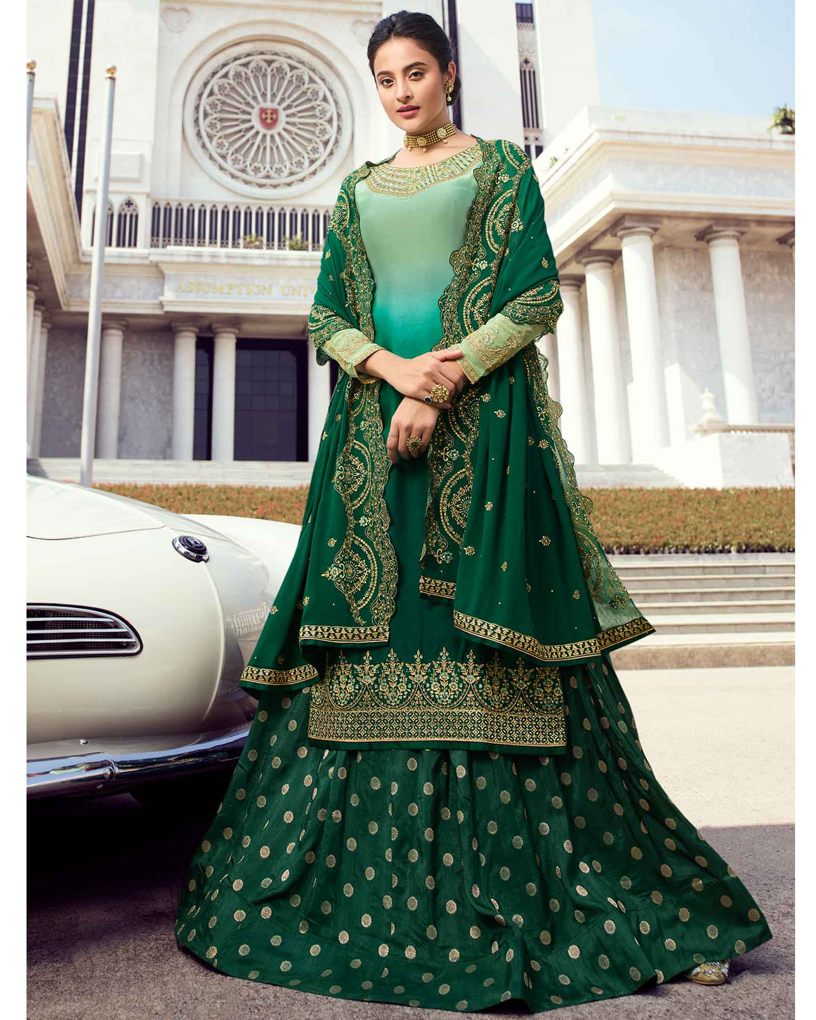 Green Embroidered Party Wear Kurti Style Lehenga