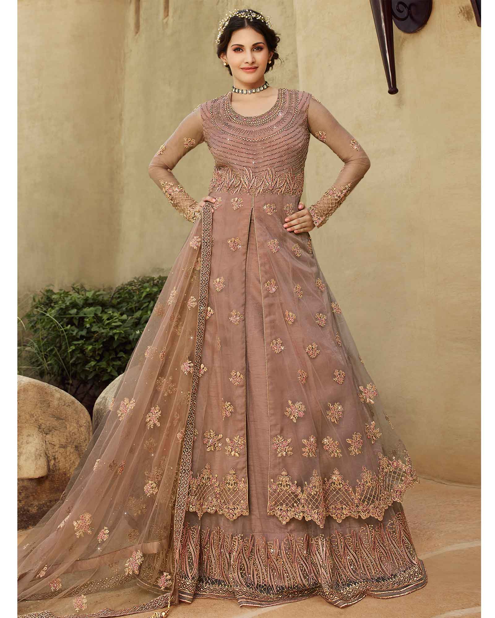 Pink Colored Party Wear Embroidered Net Lehenga Kameez