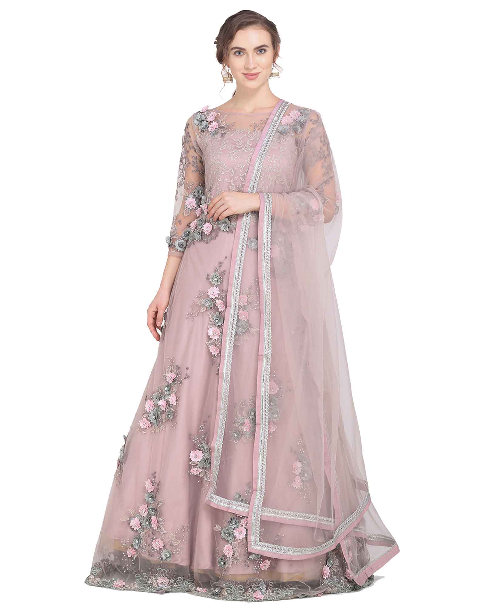 Pastel Pink Georgette Net Cape Style Gown