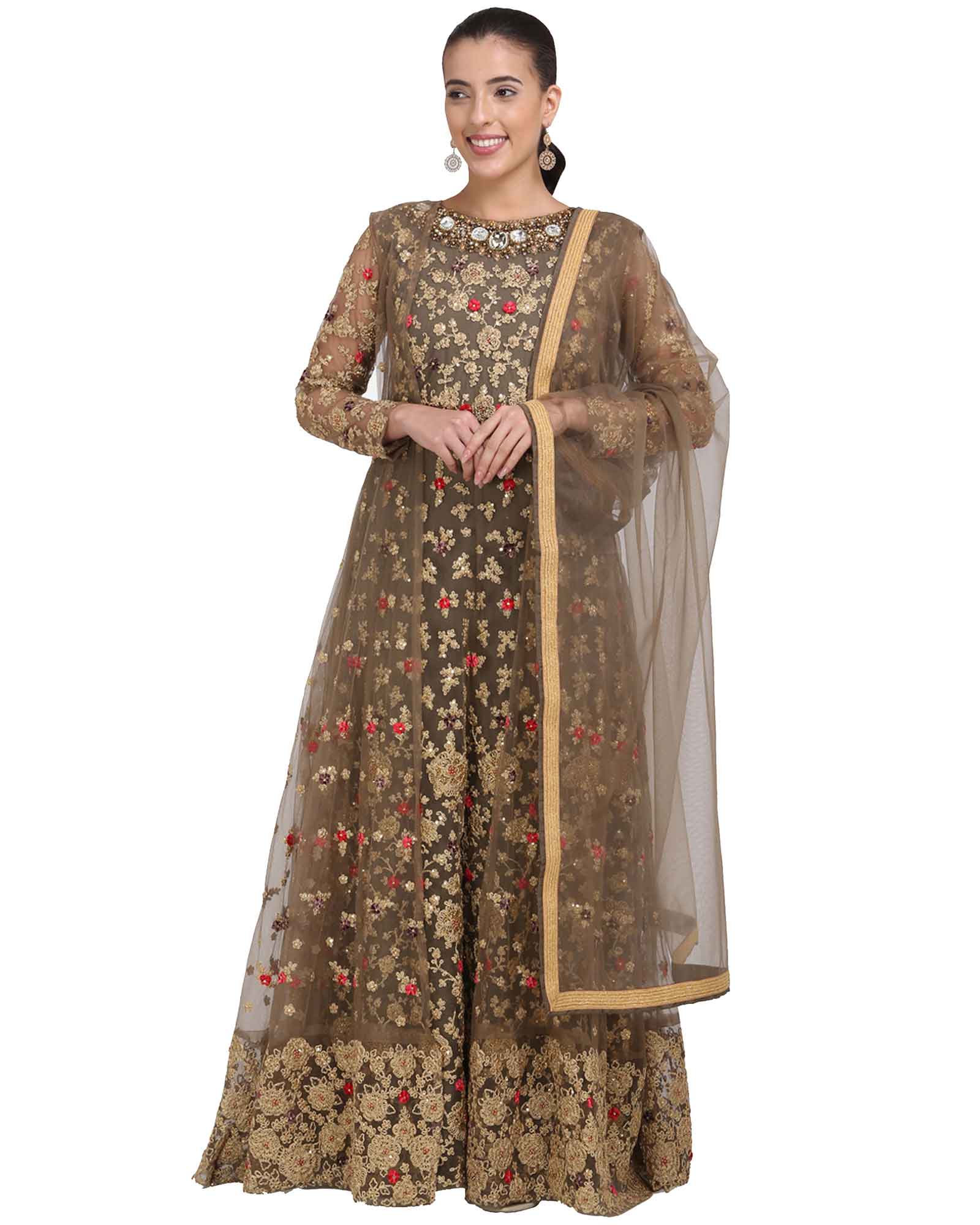 Brown Floral Embroidered Indowestern Gown With Dupatta