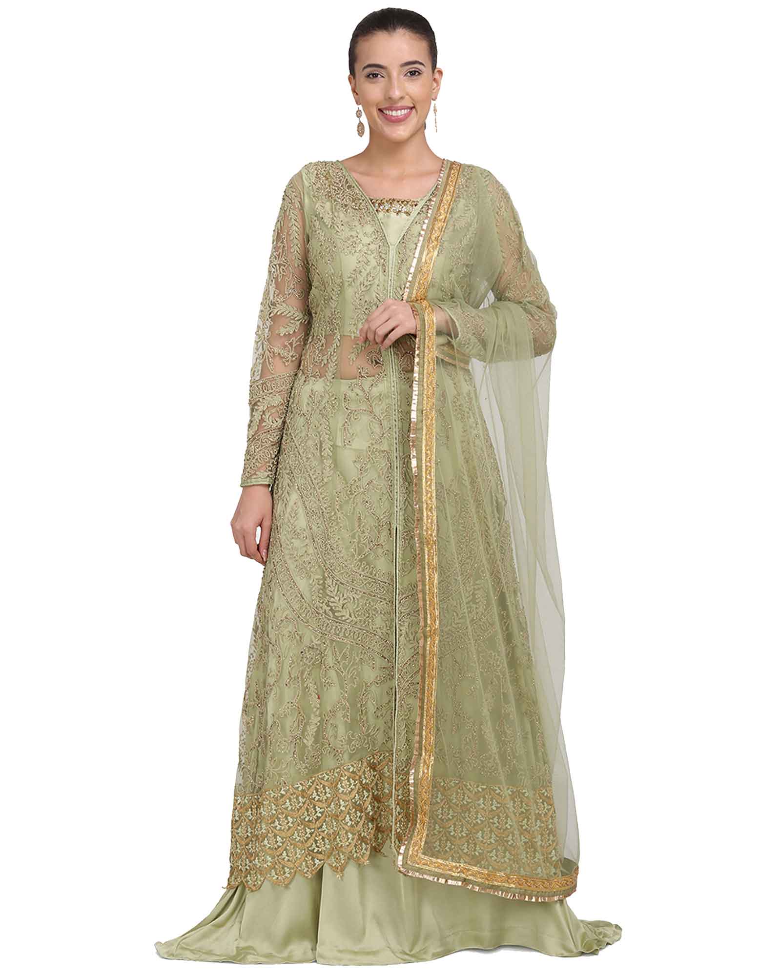 Green Colored Party Wear Embroidered Net Lehenga Kameez