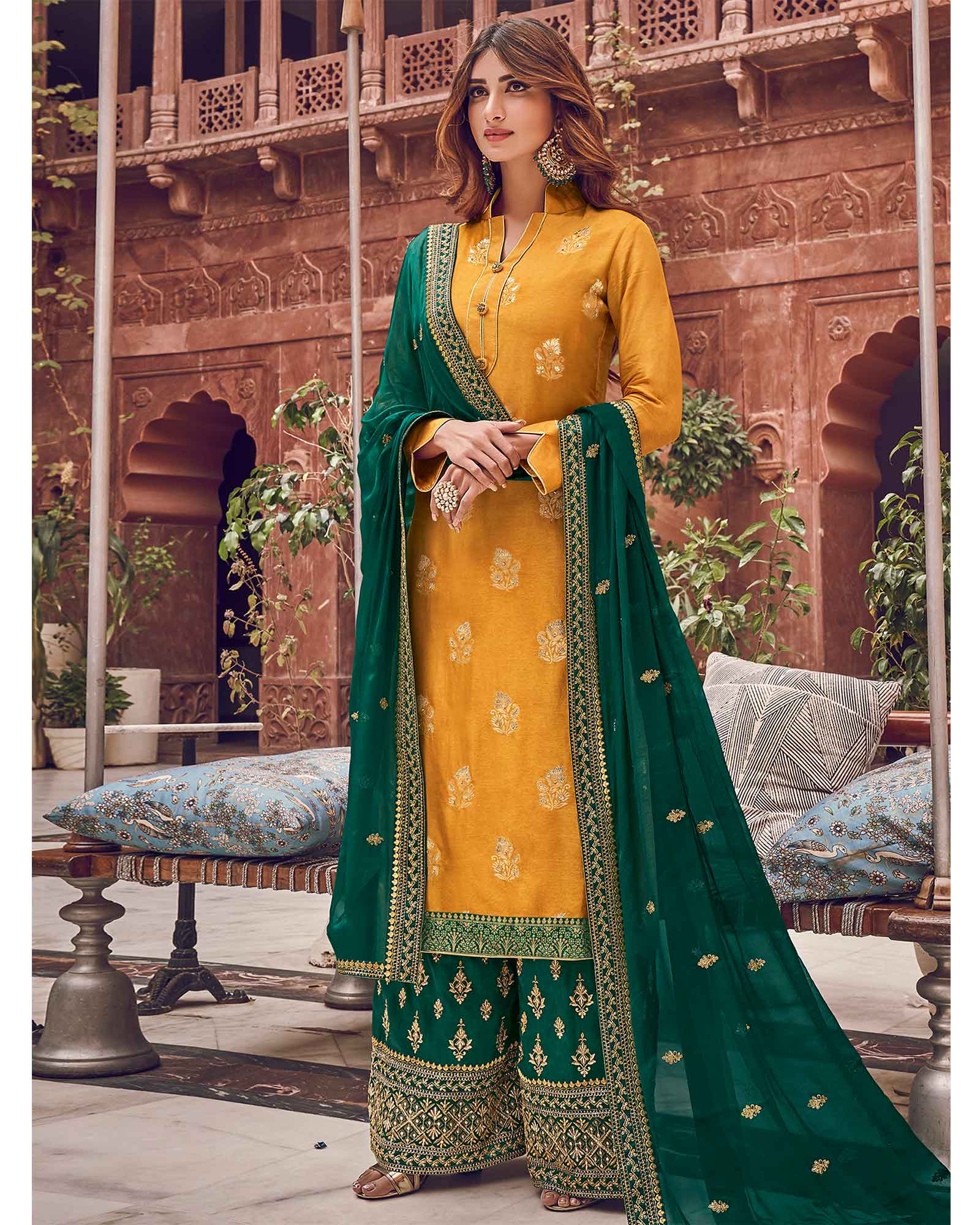 Trendy Yellow Colored Partywear Embroidered Dress Material