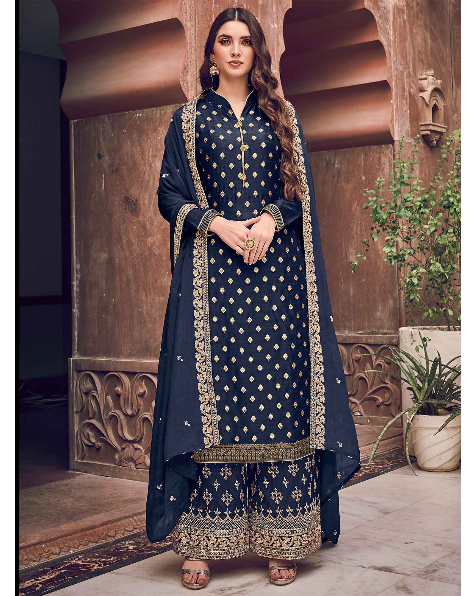 Navy Blue Colored Party Wear Dress Material