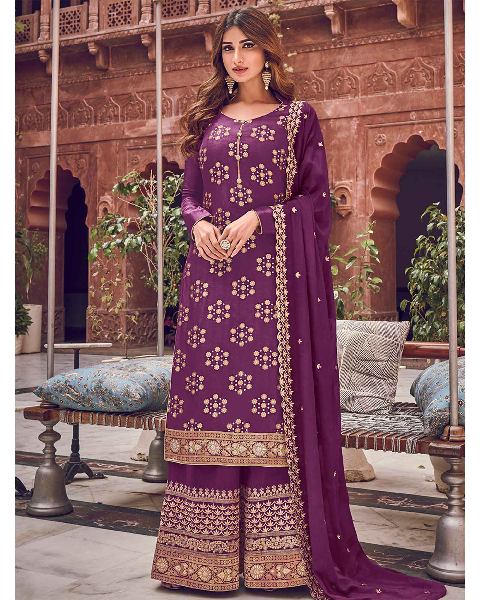 Classy Purple Colored Festive Wear Printed Dress Material