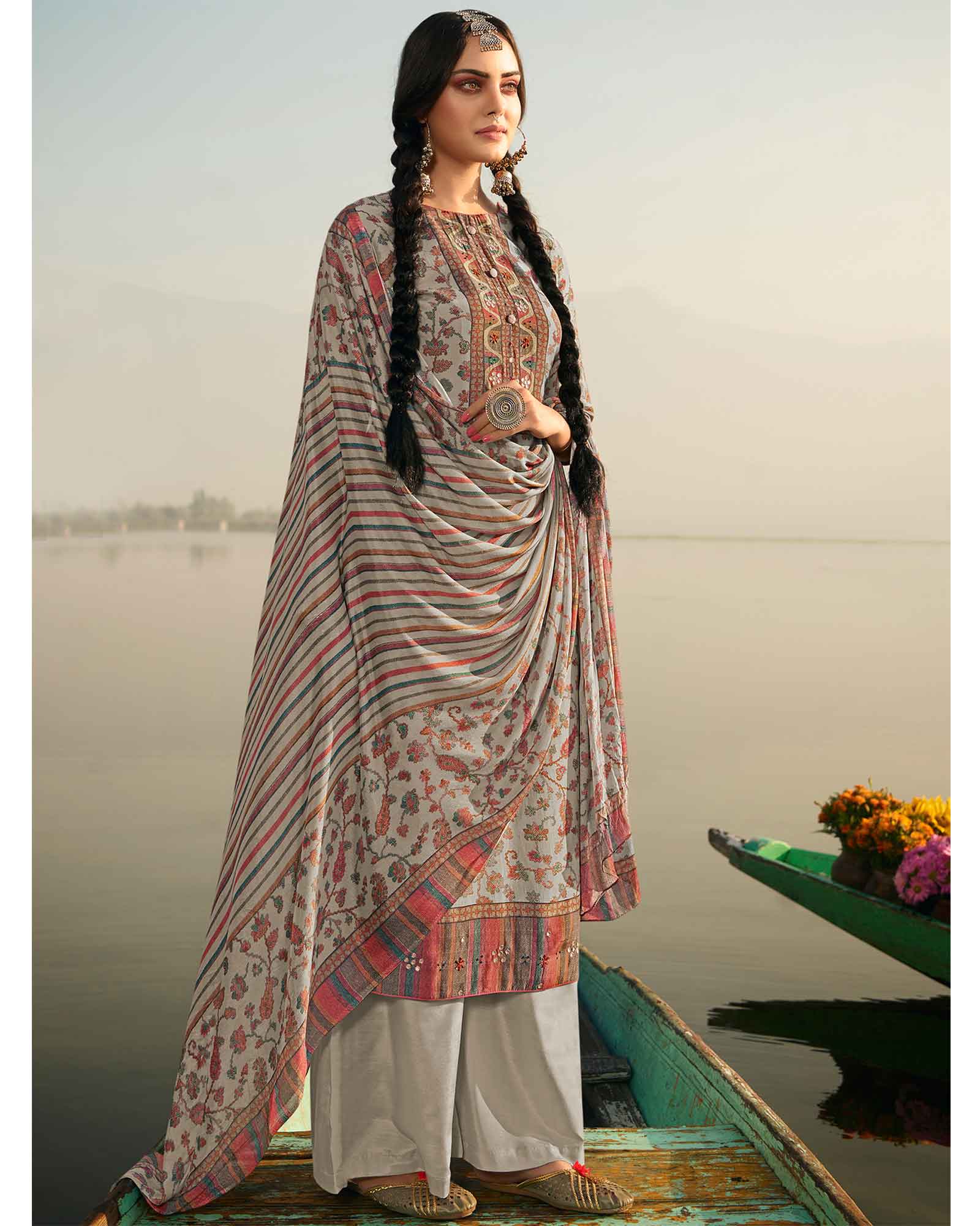 Grey Pashmina Printed Unstitched Dress Material